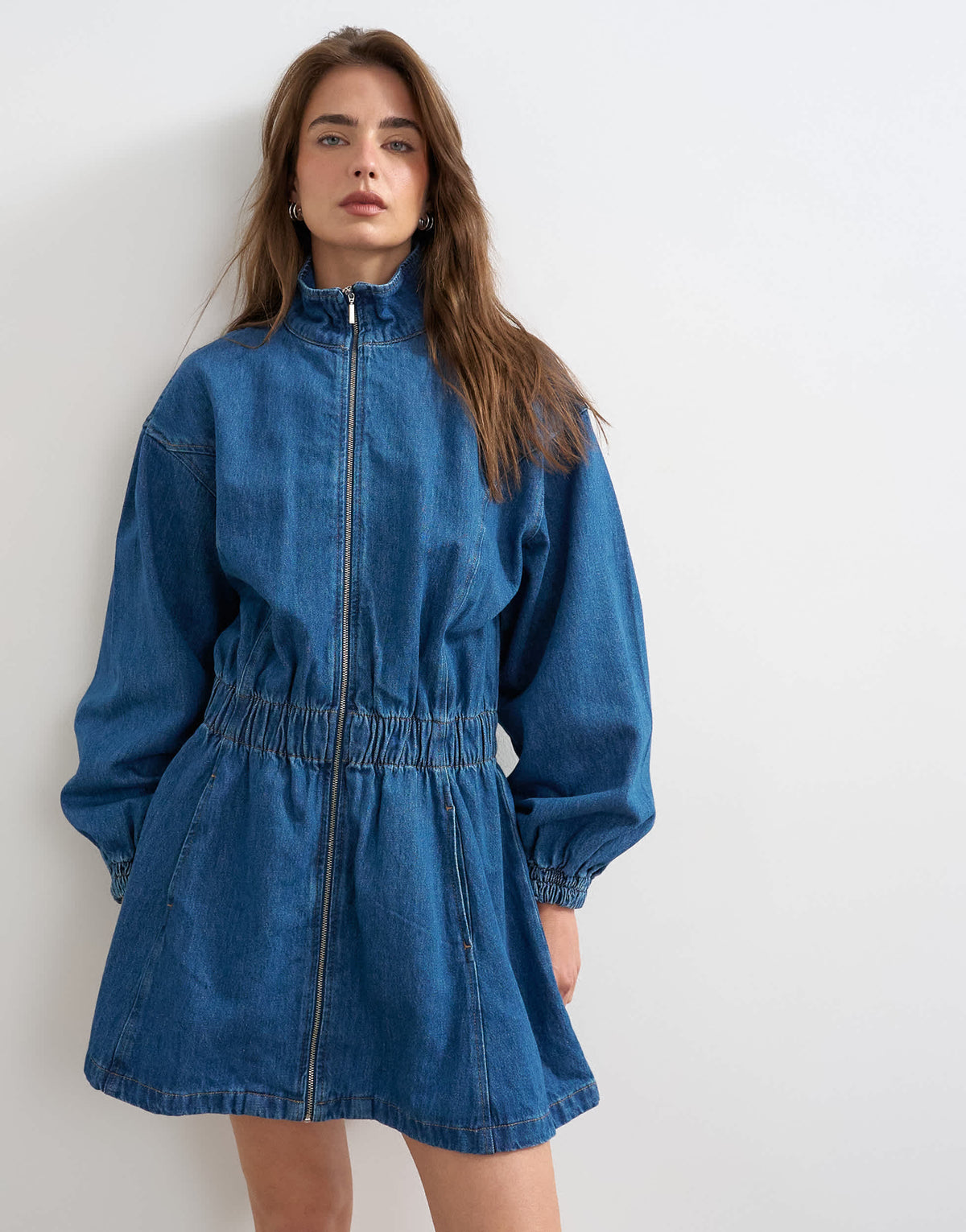 Topshop denim funnel neck mini dress in mid blue