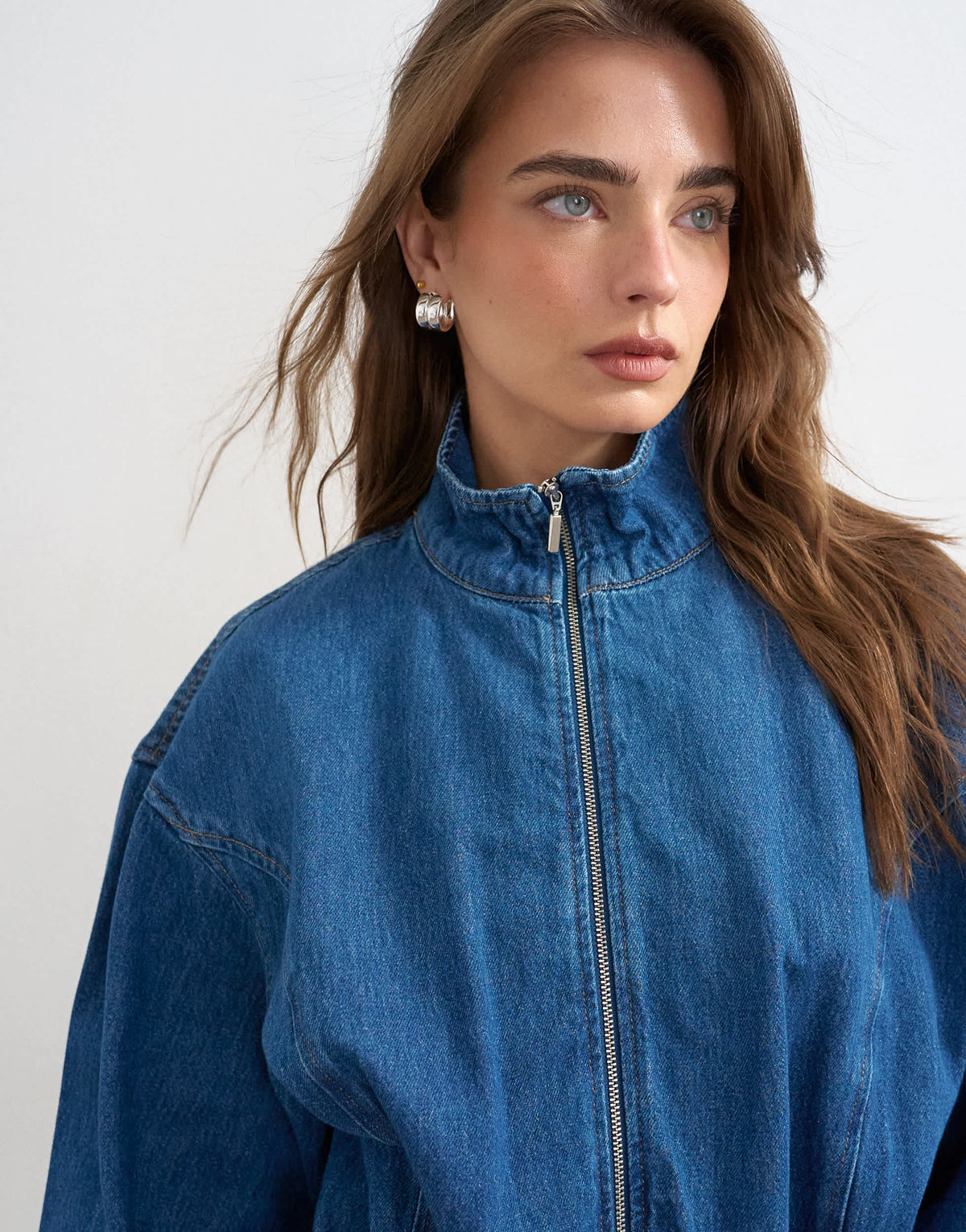 Topshop denim funnel neck mini dress in mid blue