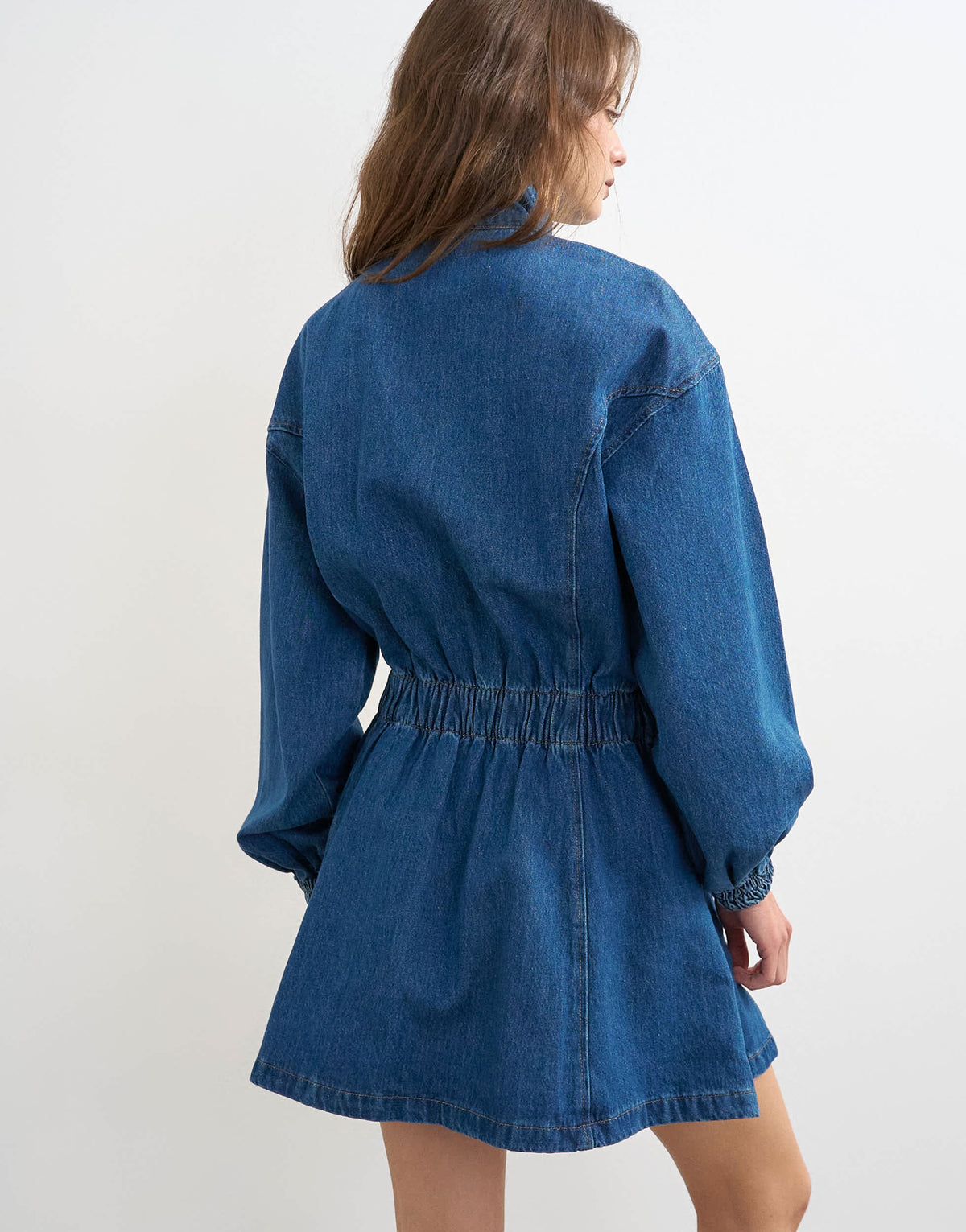 Topshop denim funnel neck mini dress in mid blue