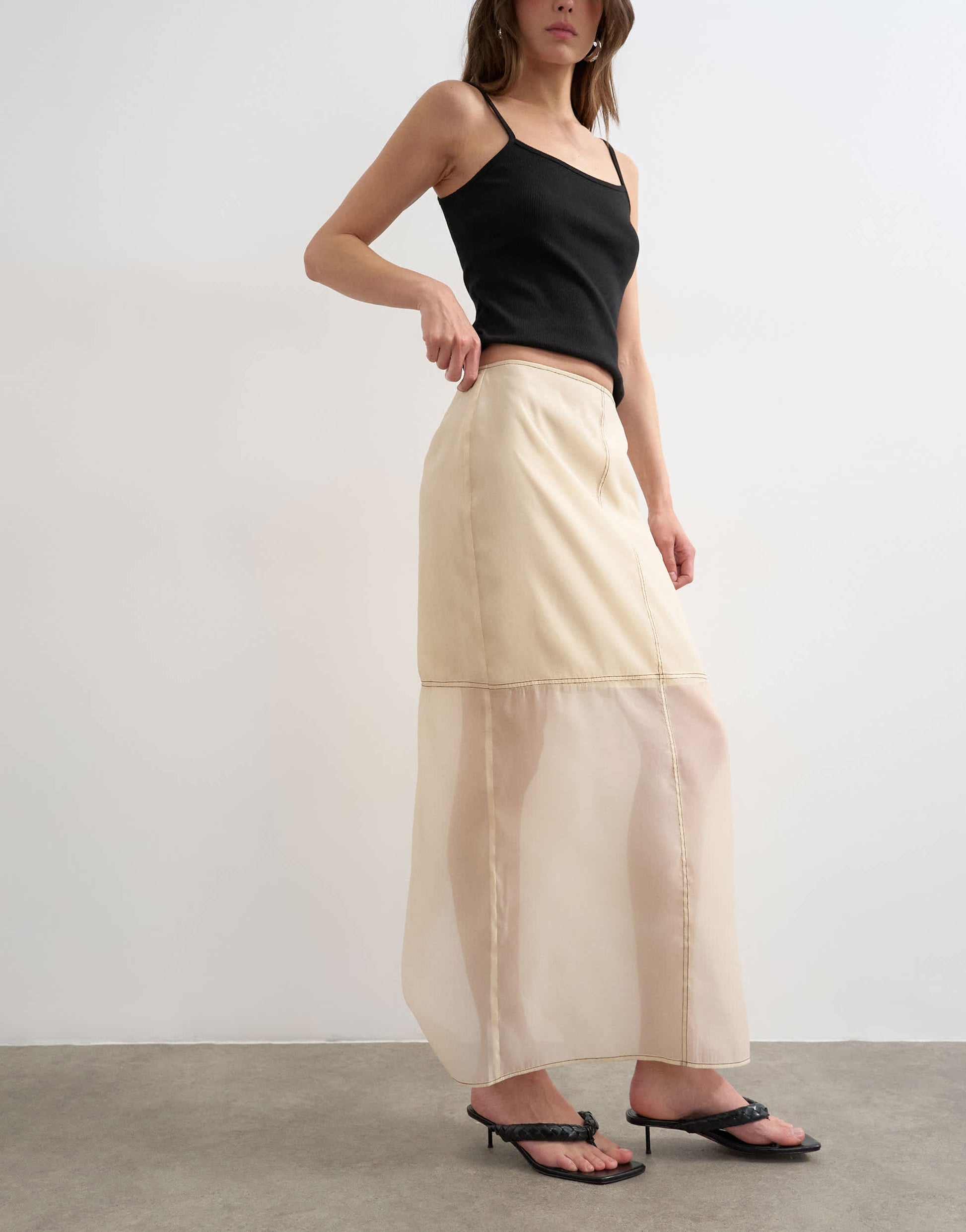 Topshop organza column maxi skirt with contrast stitching in oyster