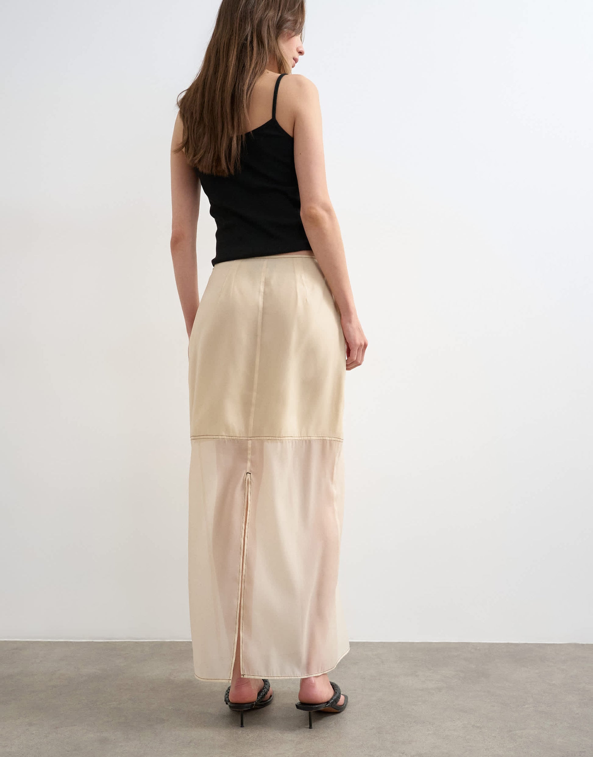 Topshop organza column maxi skirt with contrast stitching in oyster