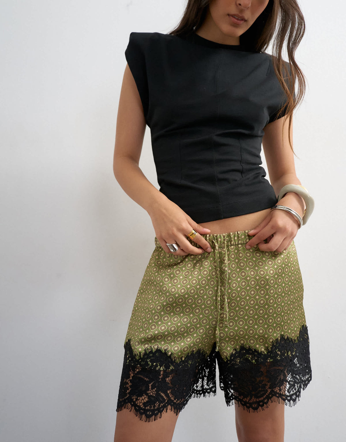 Topshop satin lace insert short in geo print