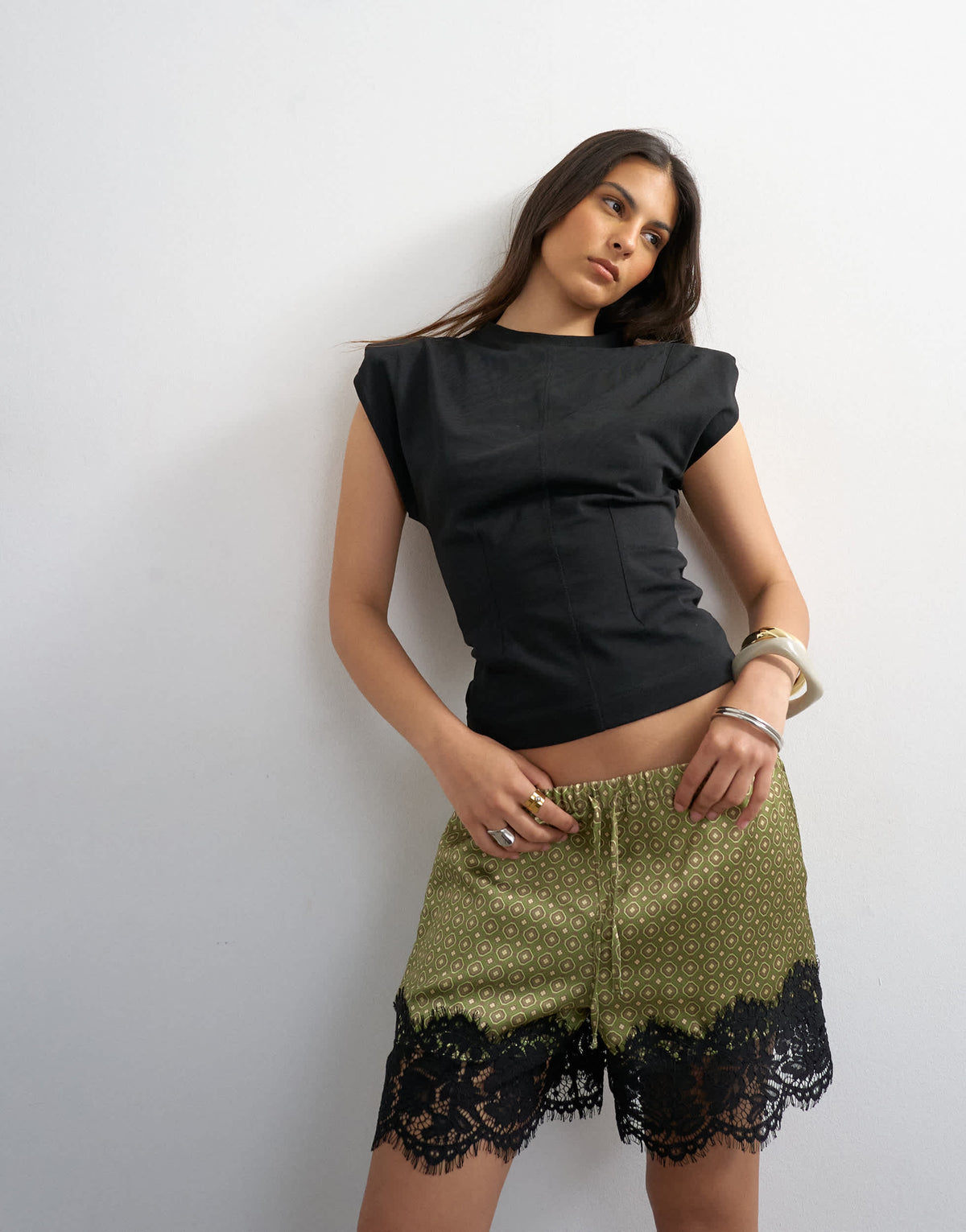 Topshop satin lace insert short in geo print