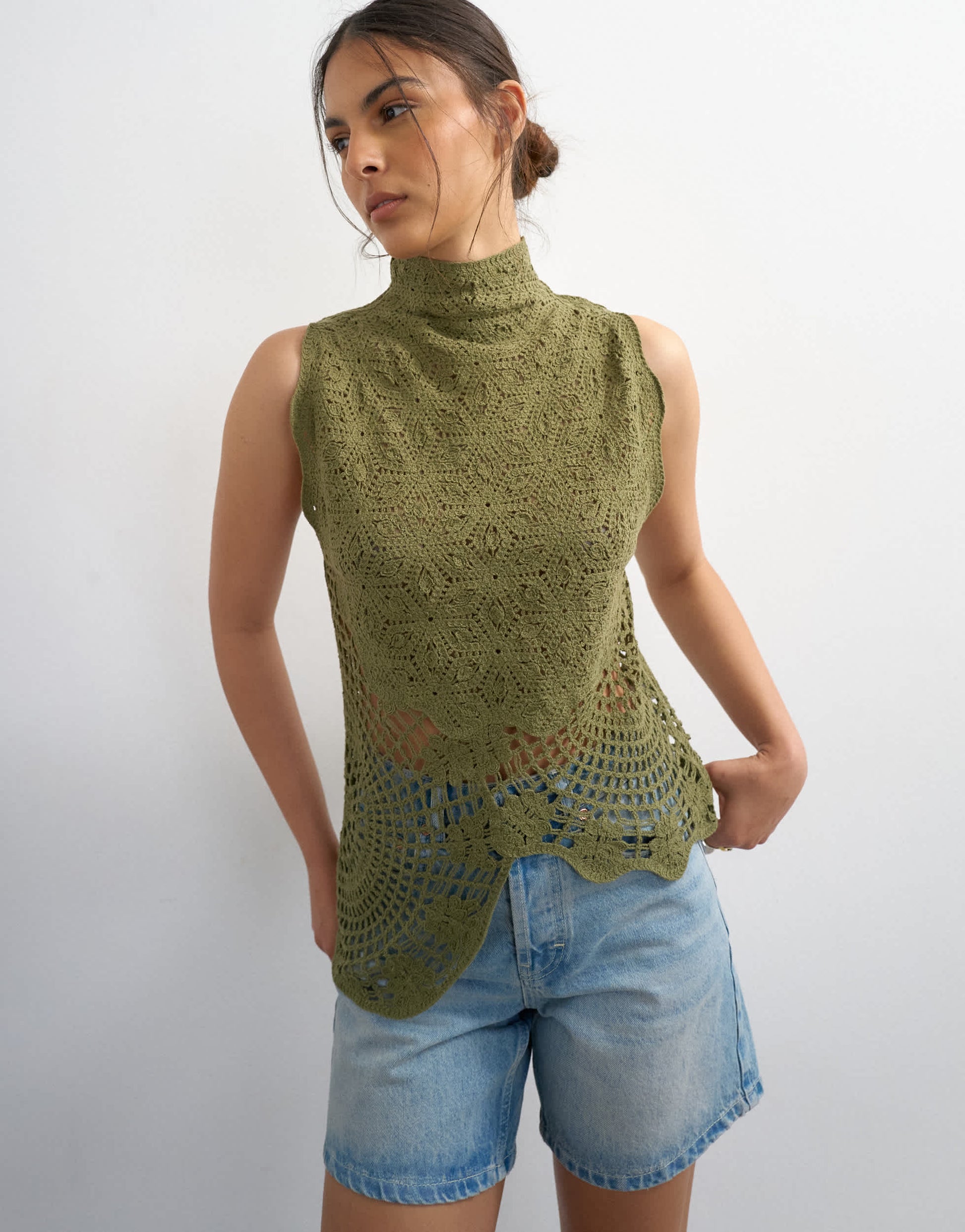 Topshop knitted crochet shape top in khaki green