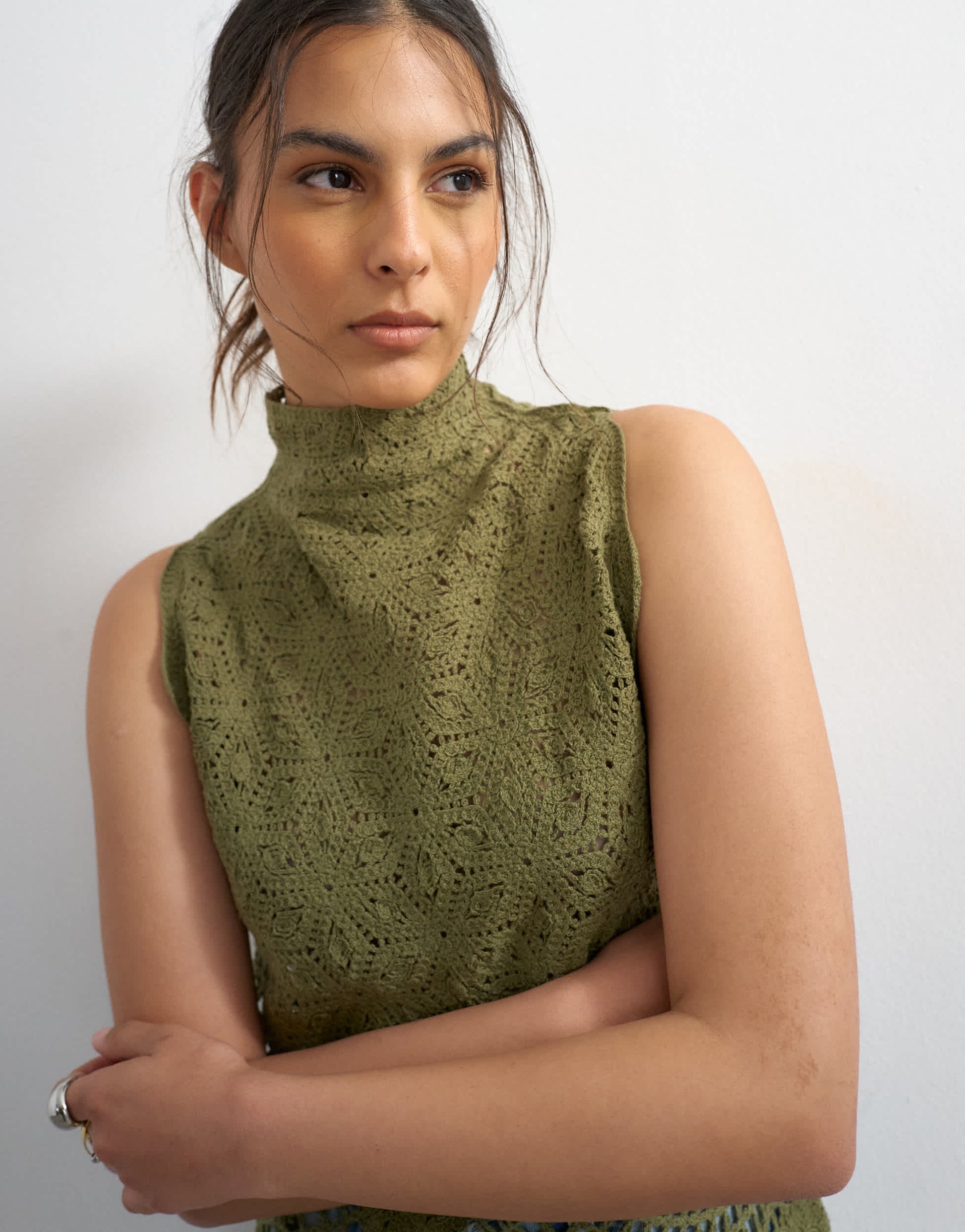 Topshop knitted crochet shape top in khaki green