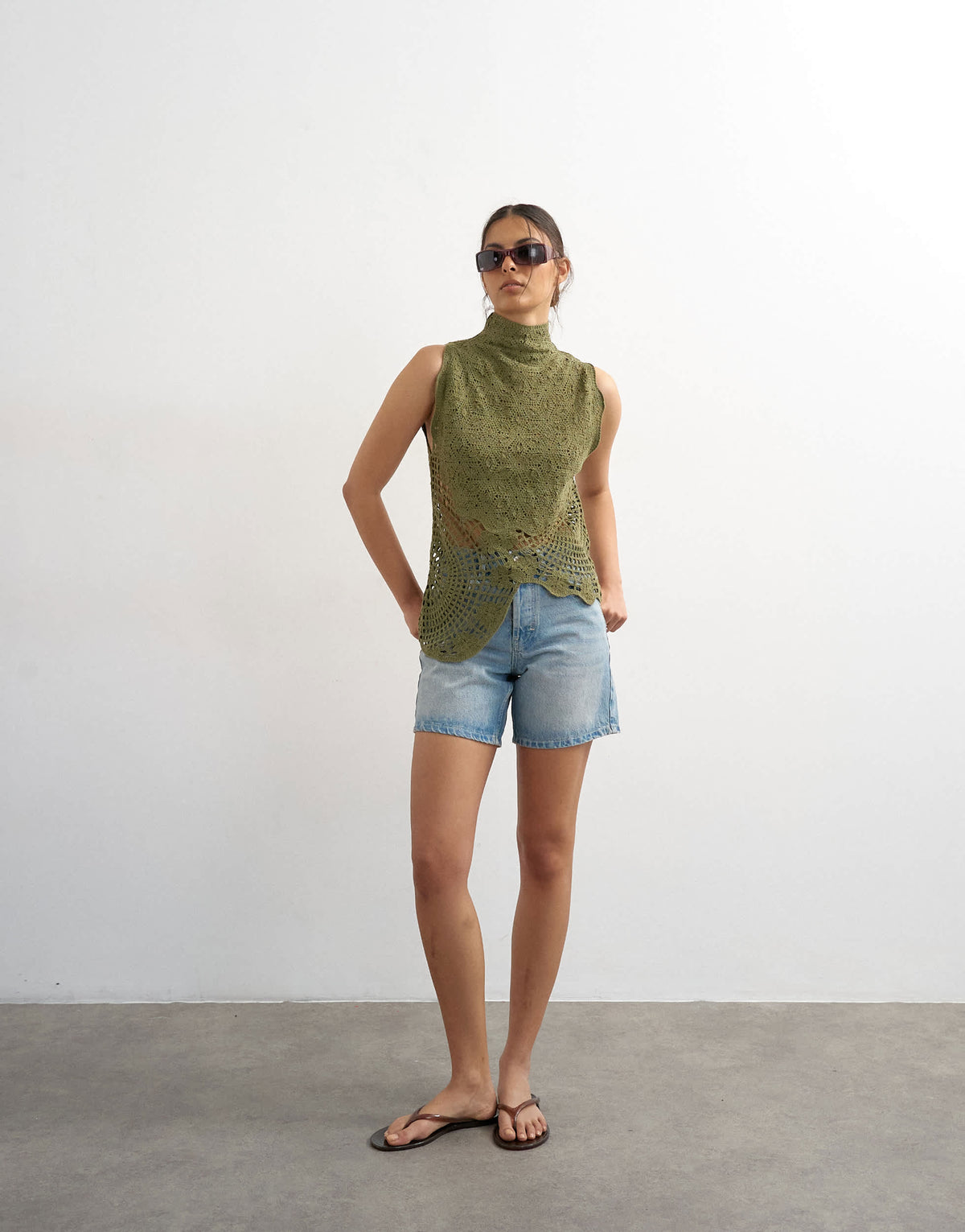 Topshop knitted crochet shape top in khaki green