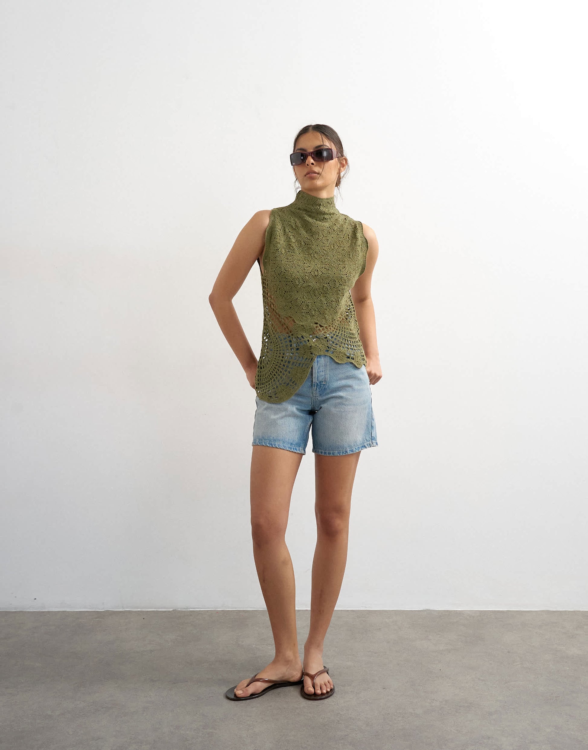 Topshop knitted crochet shape top in khaki green