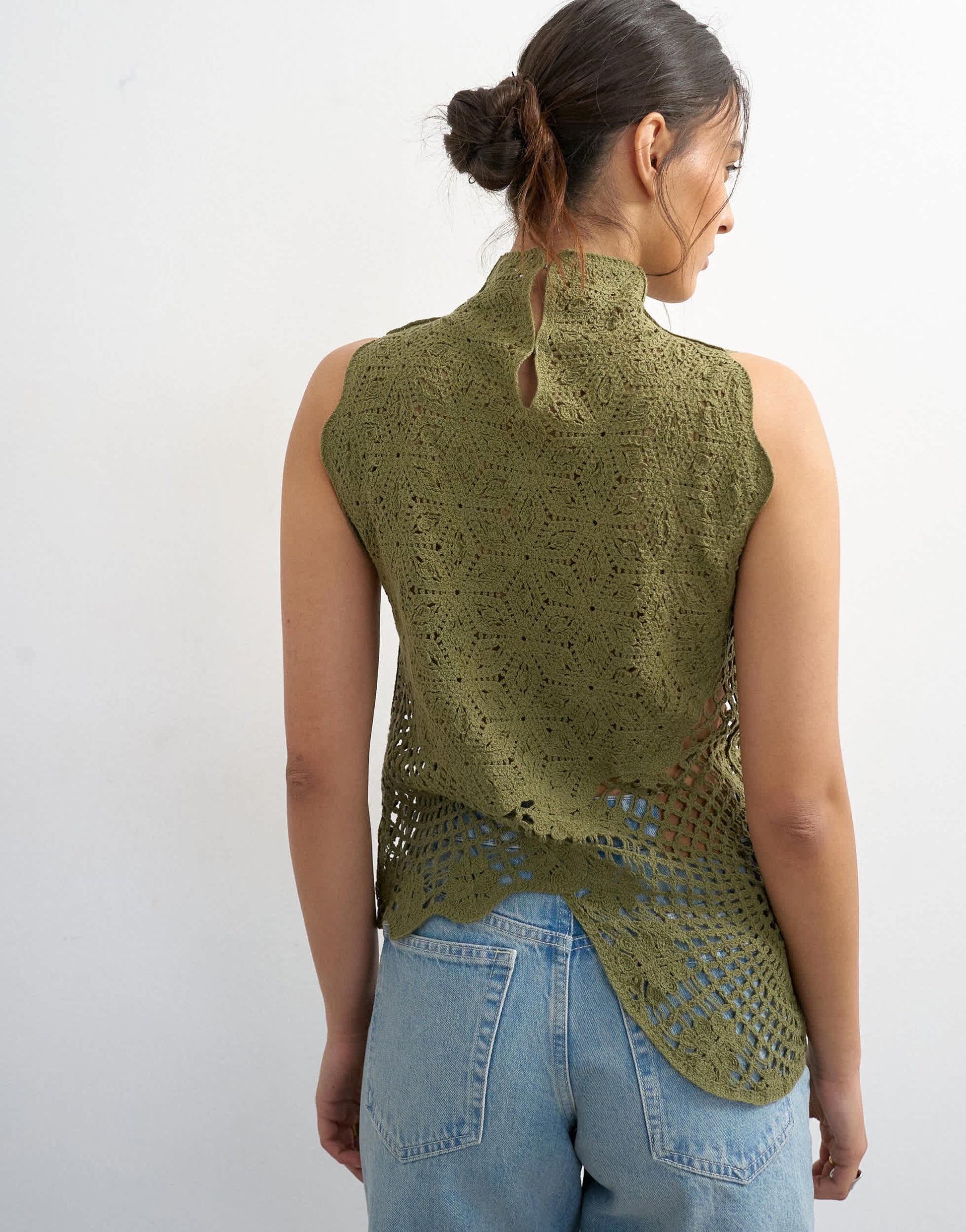 Topshop knitted crochet shape top in khaki green