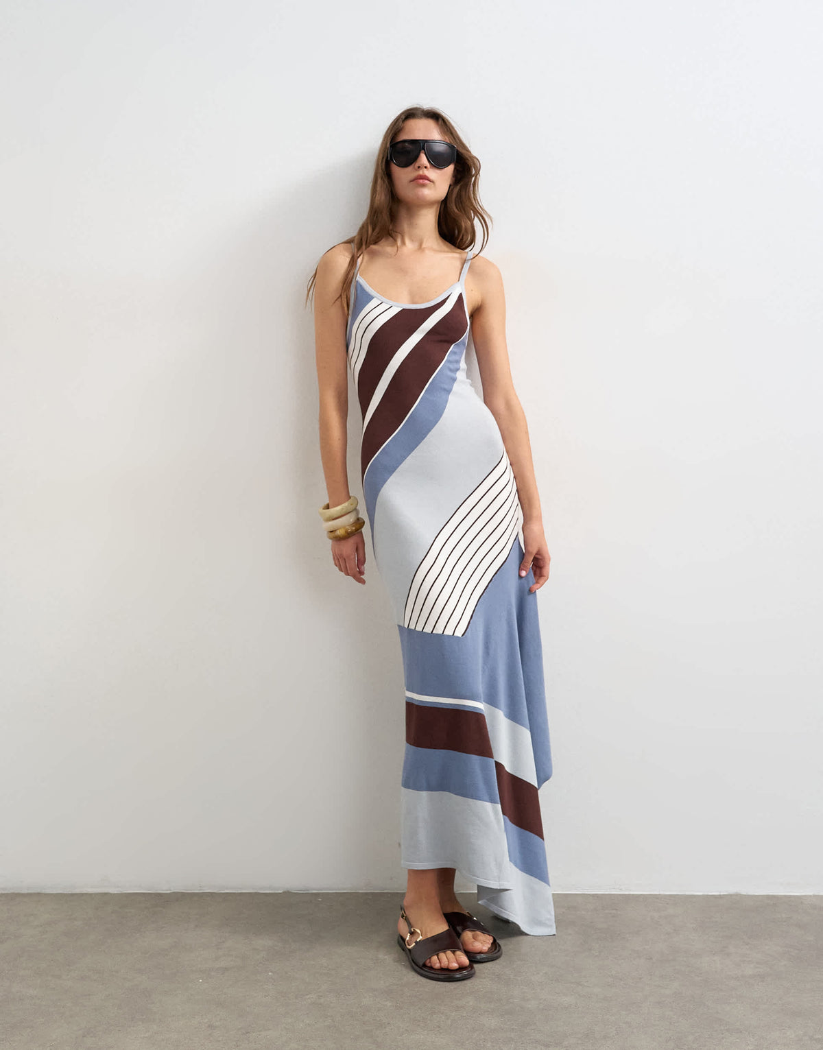Topshop knitted asymmetric stripe maxi dress in blue multi