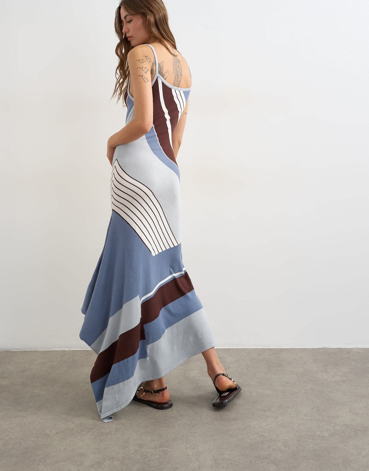 Topshop knitted asymmetric stripe maxi dress in blue multi