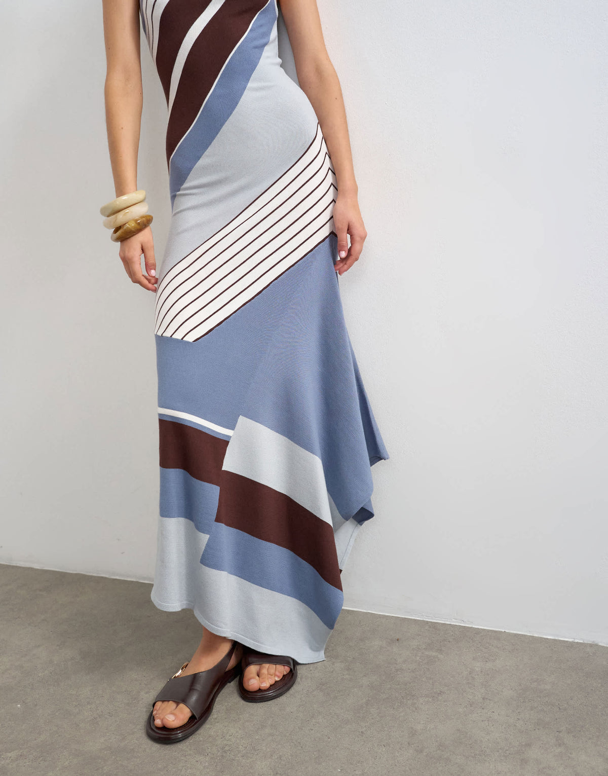 Topshop knitted asymmetric stripe maxi dress in blue multi