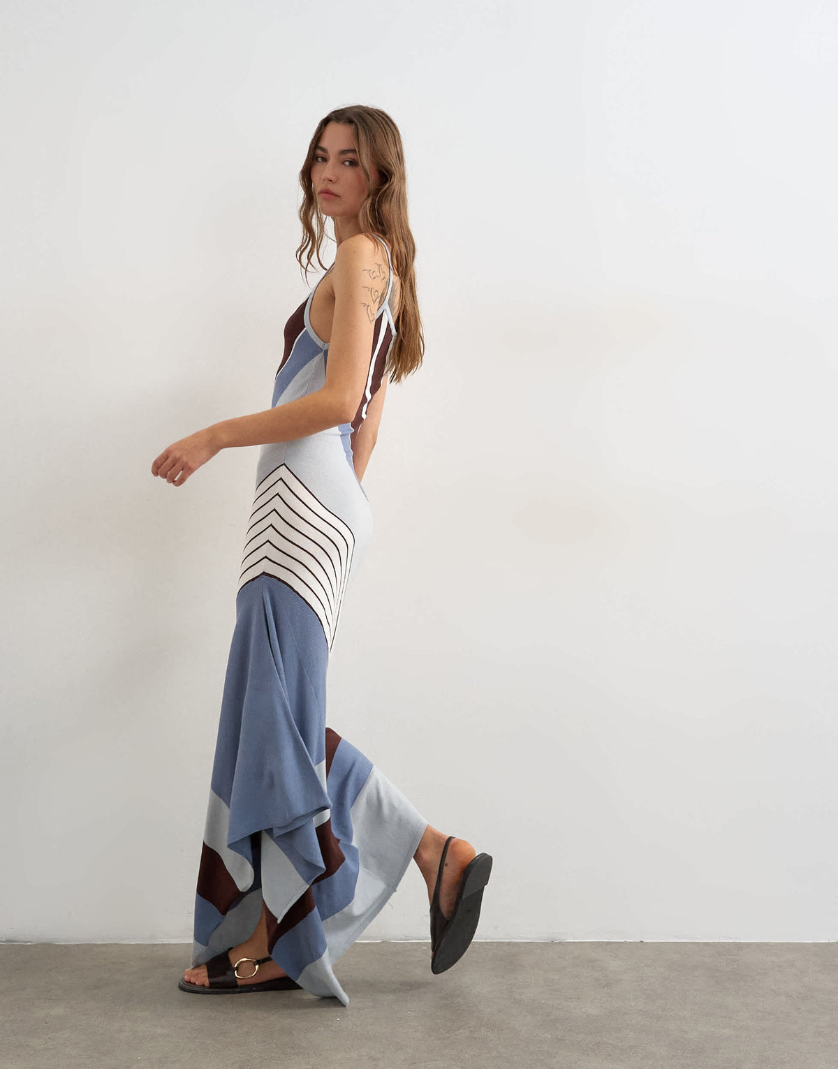 Topshop knitted asymmetric stripe maxi dress in blue multi