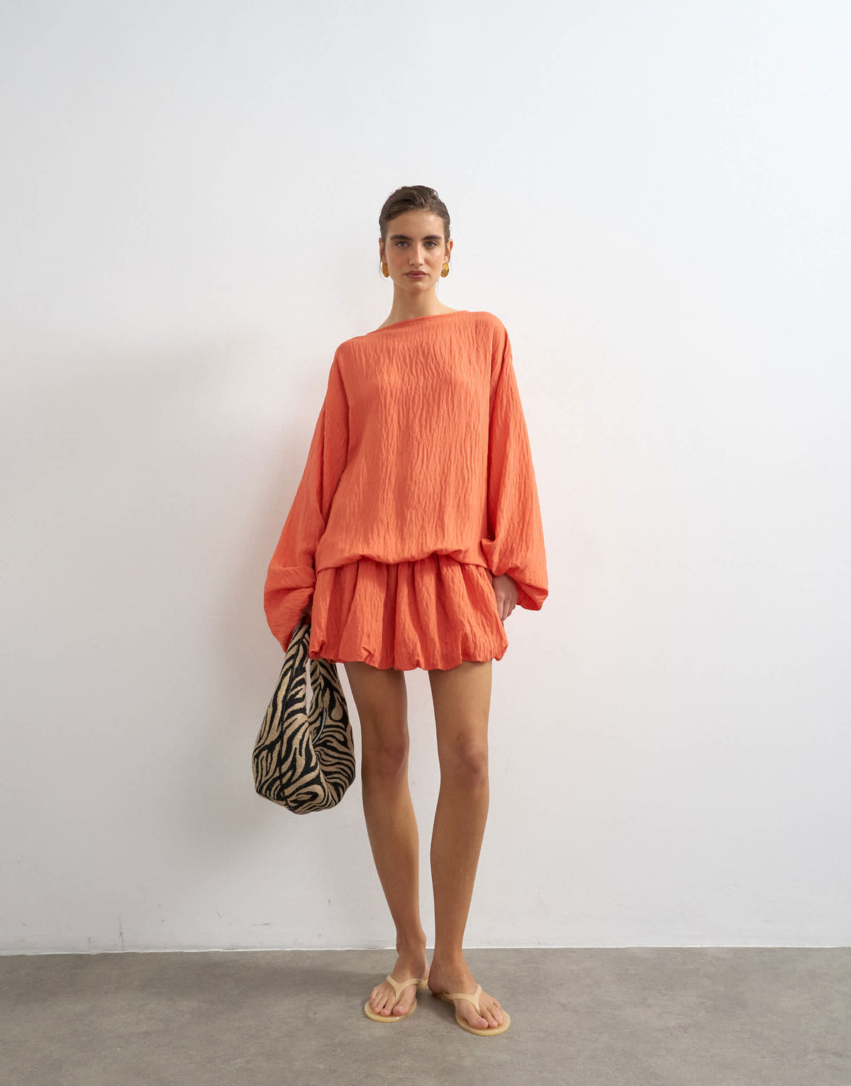 Topshop long sleeve blouson mini dress in bright coral