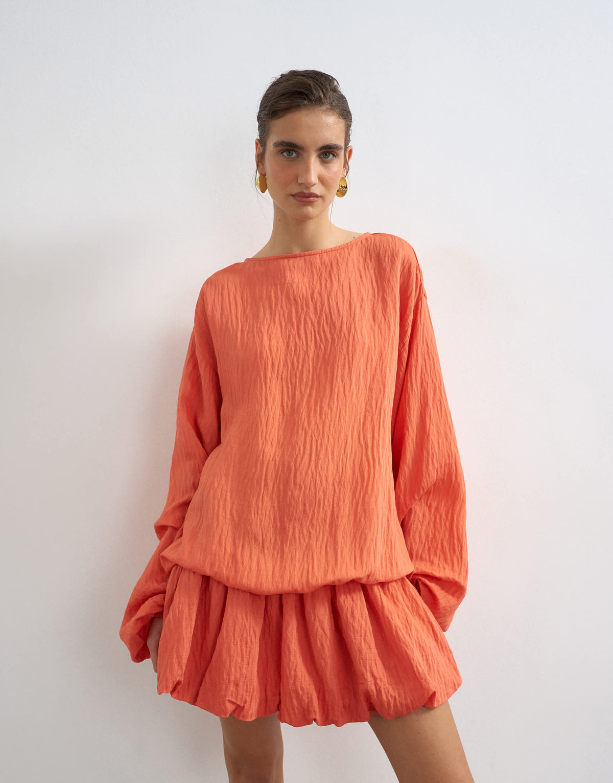 Topshop long sleeve blouson mini dress in bright coral