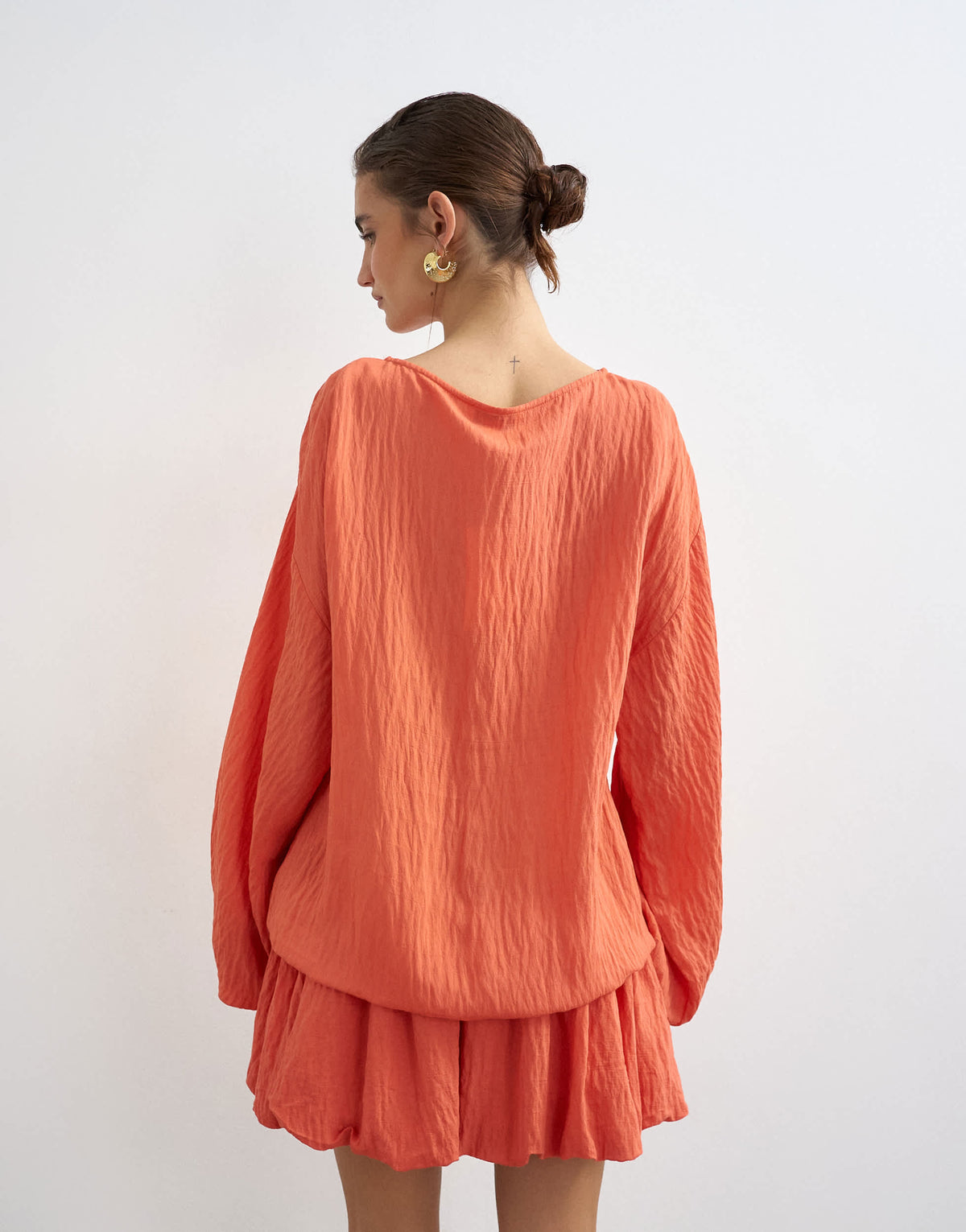 Topshop long sleeve blouson mini dress in bright coral