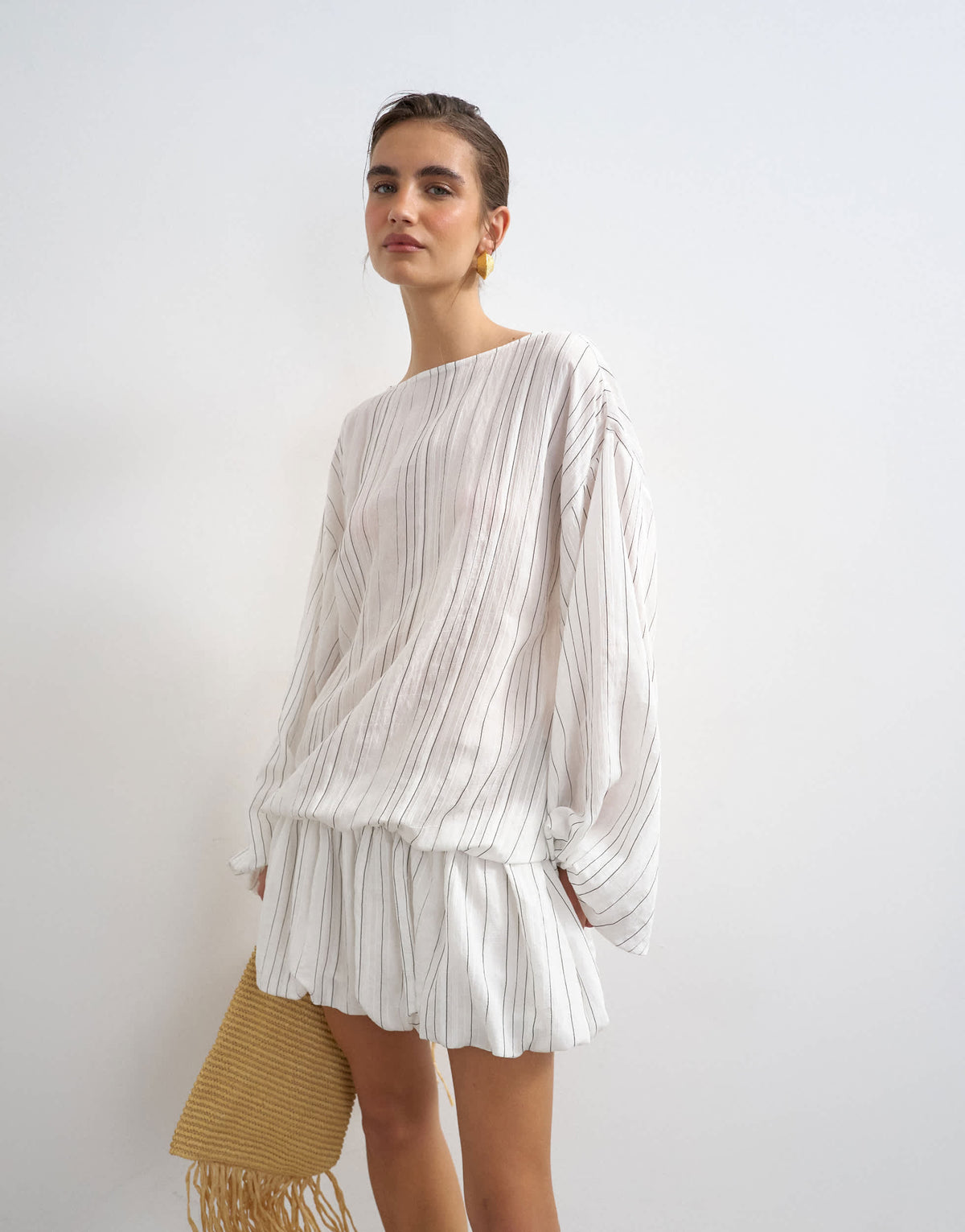 Topshop long sleeve blouson mini dress in white stripe