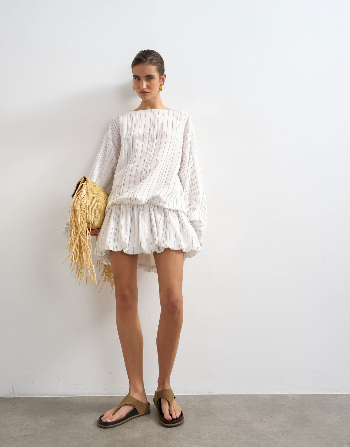 Topshop long sleeve blouson mini dress in white stripe