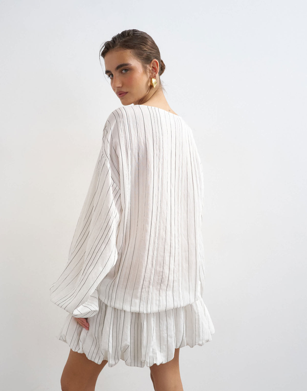 Topshop long sleeve blouson mini dress in white stripe