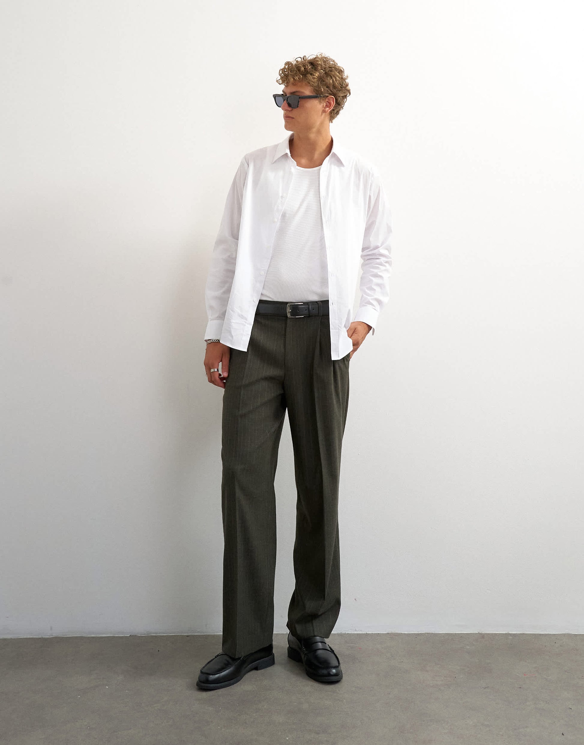 Topman wide leg pinstripe trousers in dark green