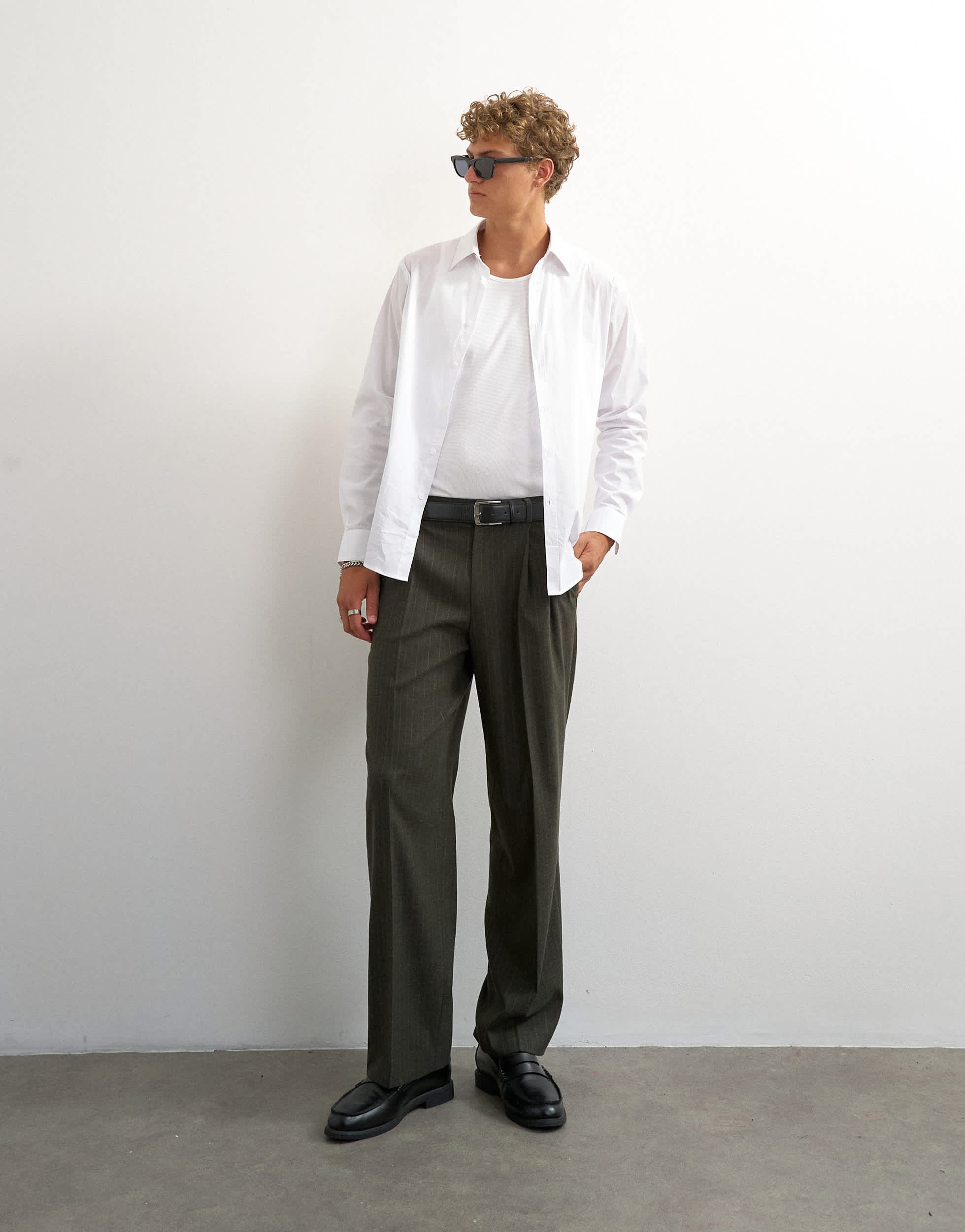 Topman wide leg pinstripe trousers in dark green