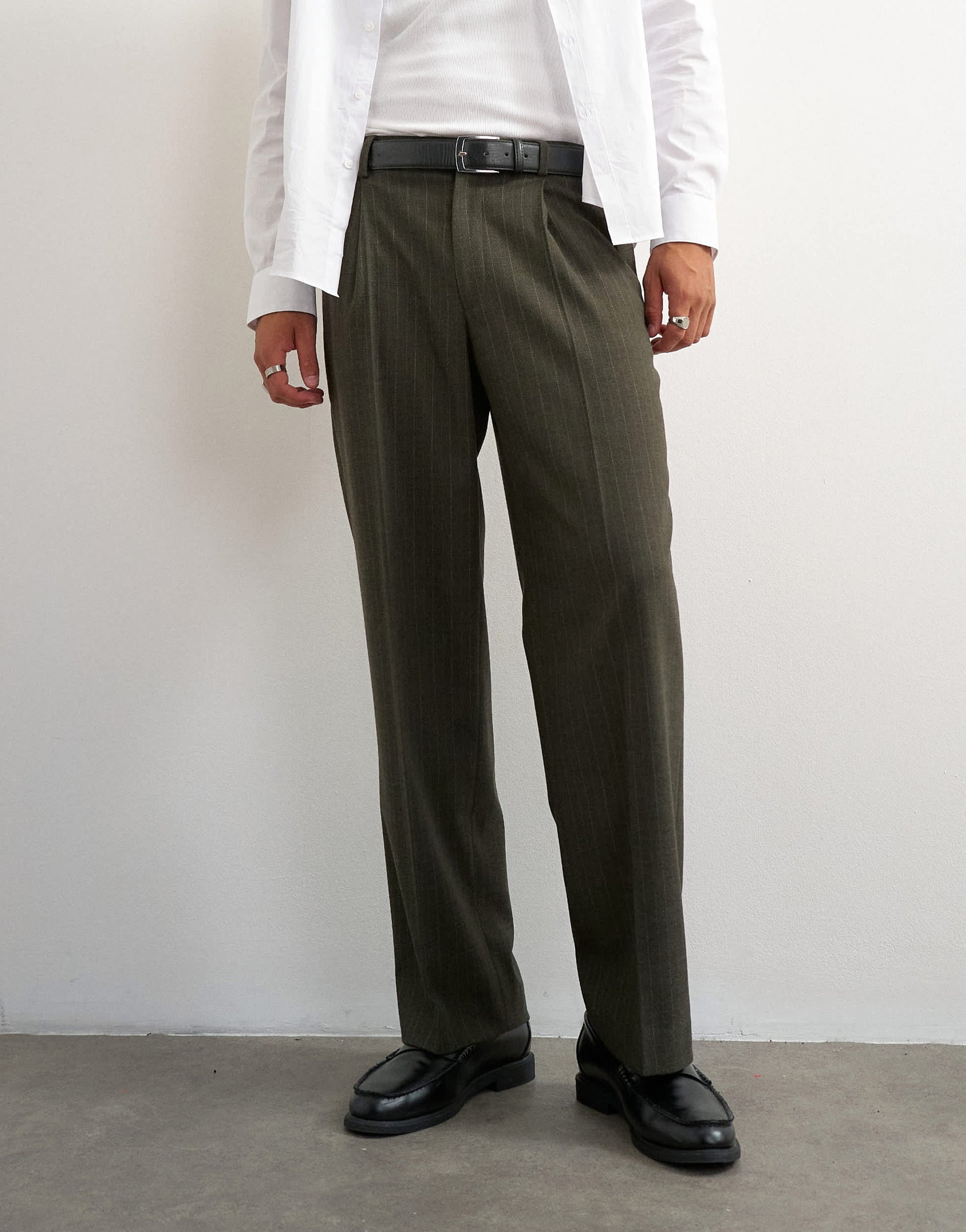 Topman wide leg pinstripe trousers in dark green