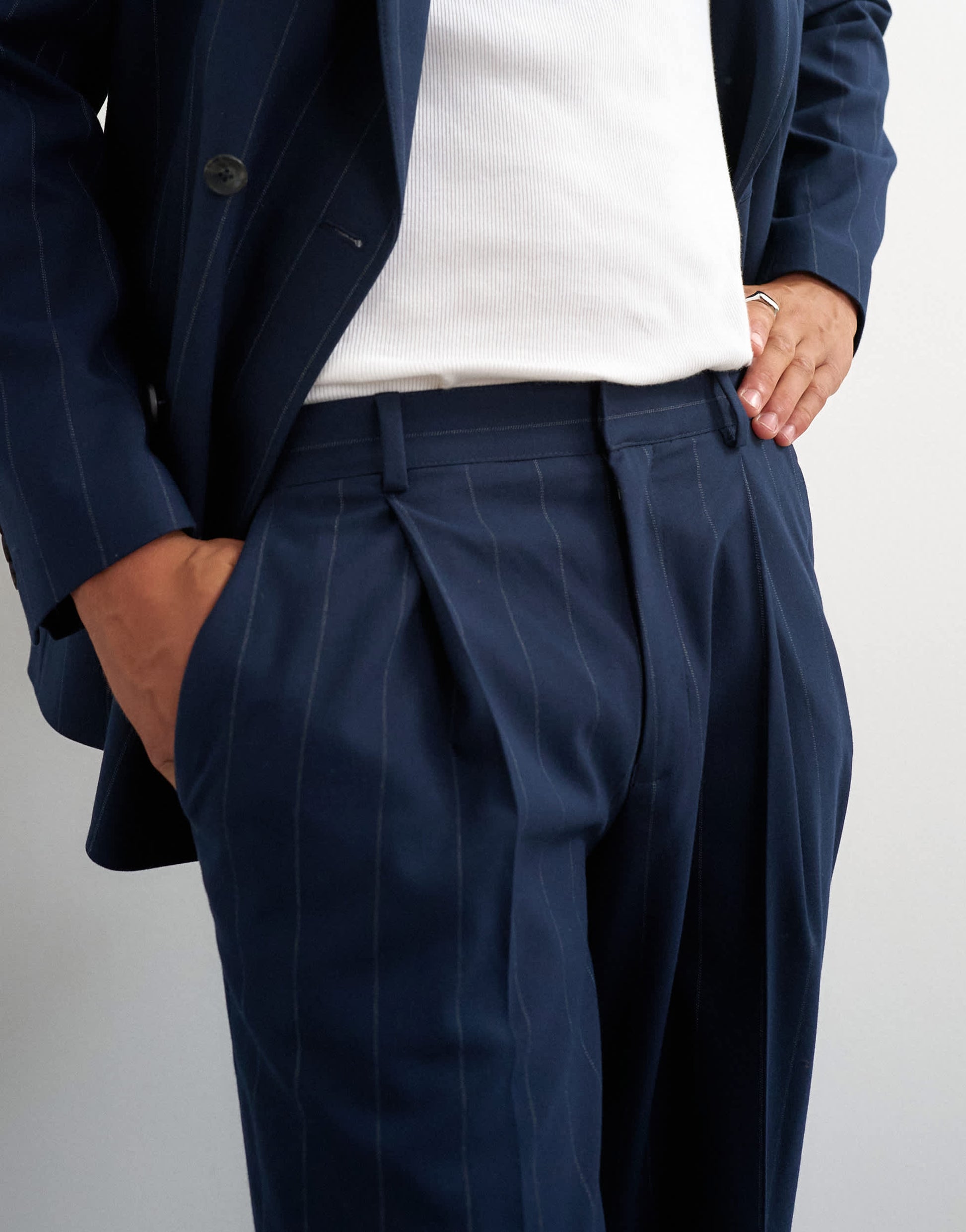 Topman relaxed fit pinstripe trousers in navy
