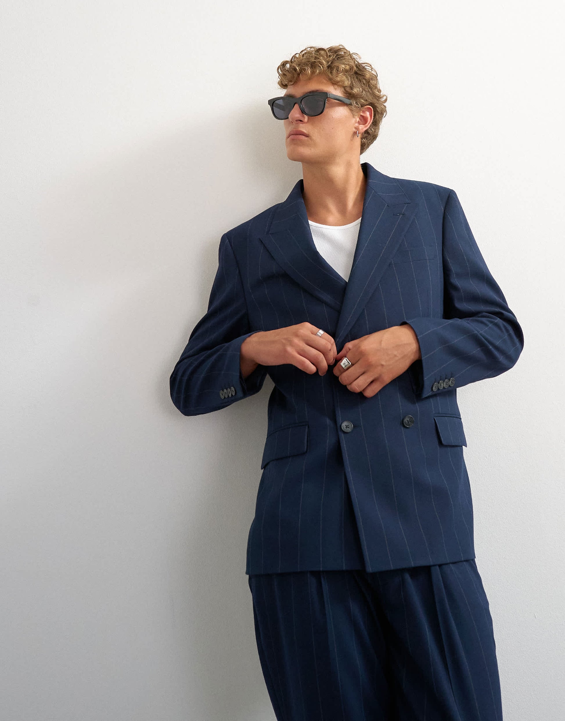 Topman relaxed fit pinstripe double breasted blazer in navy