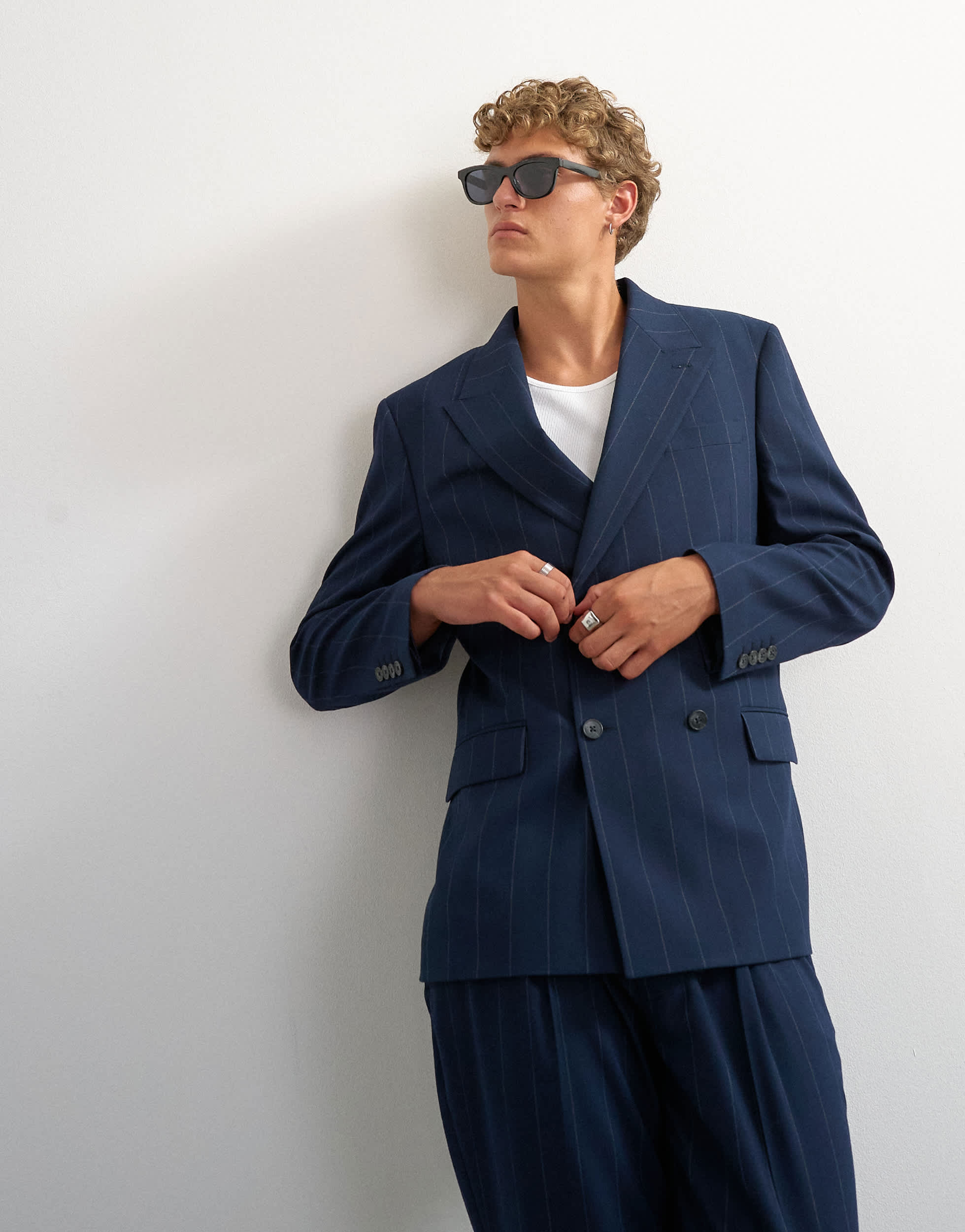 Topman relaxed fit pinstripe double breasted blazer in navy