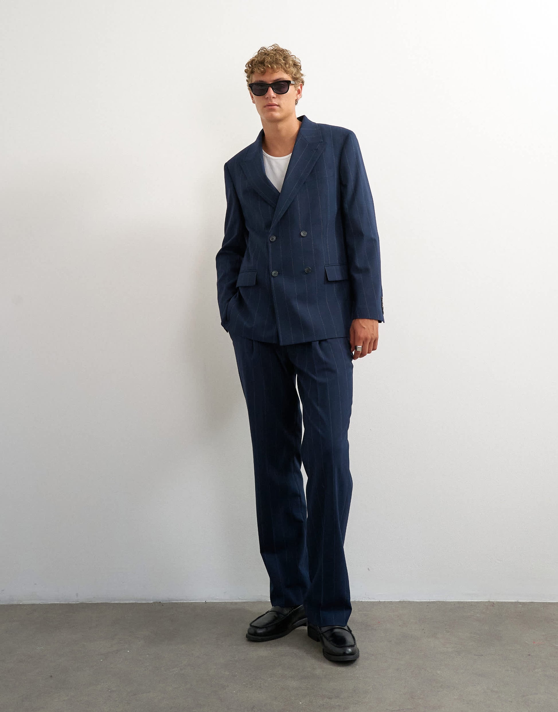 Topman relaxed fit pinstripe double breasted blazer in navy