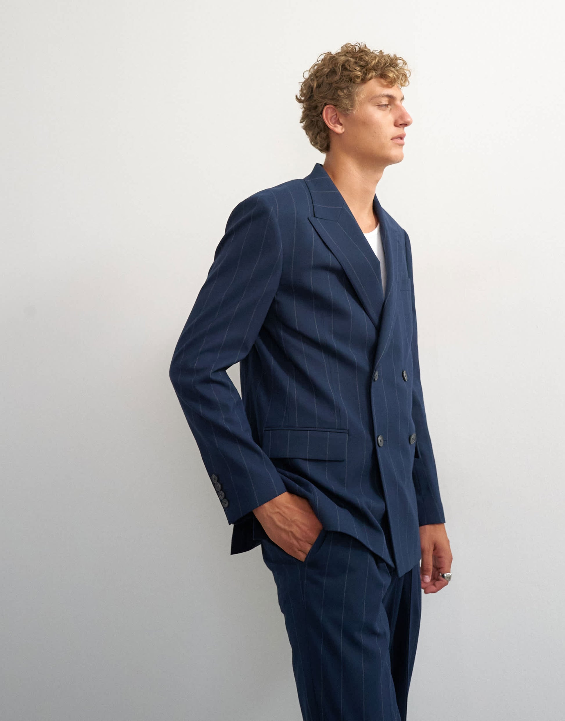 Topman relaxed fit pinstripe double breasted blazer in navy