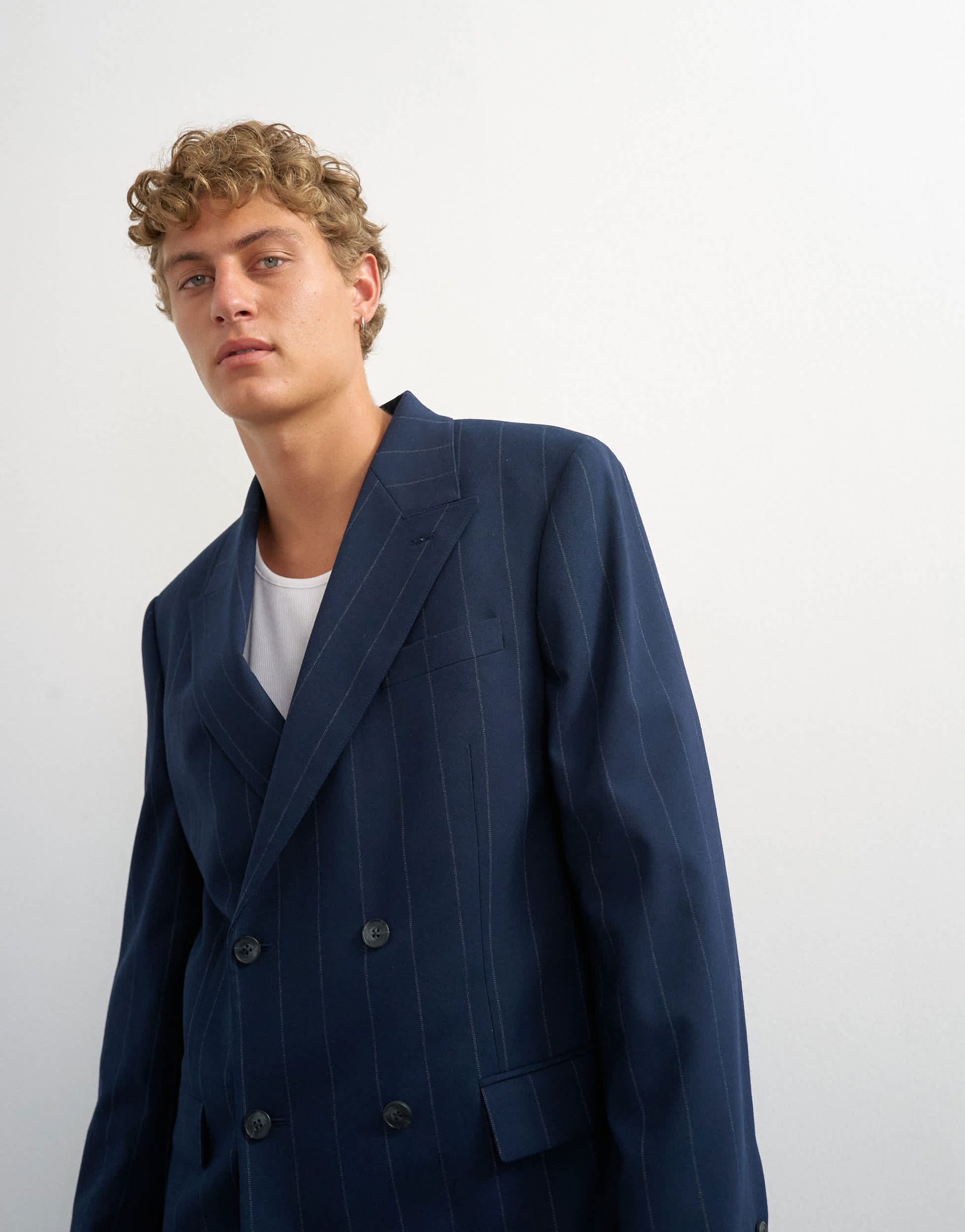 Topman relaxed fit pinstripe double breasted blazer in navy