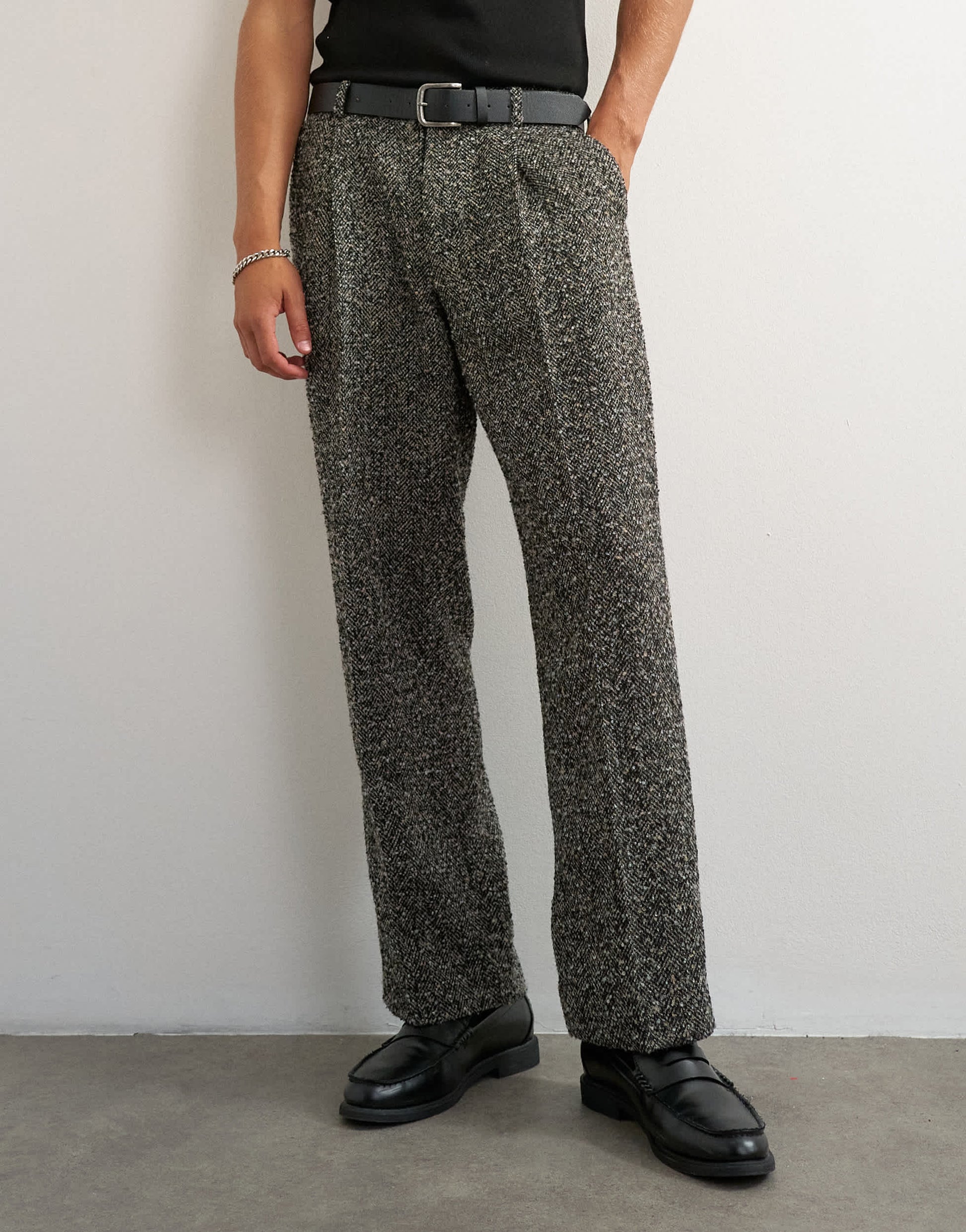Topman wide leg textured herringbone trouser in black