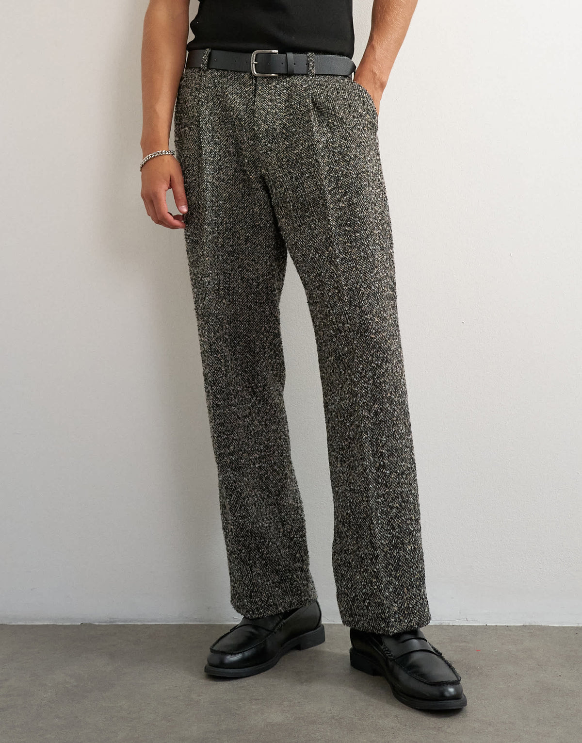 Topman wide leg textured herringbone trouser in black