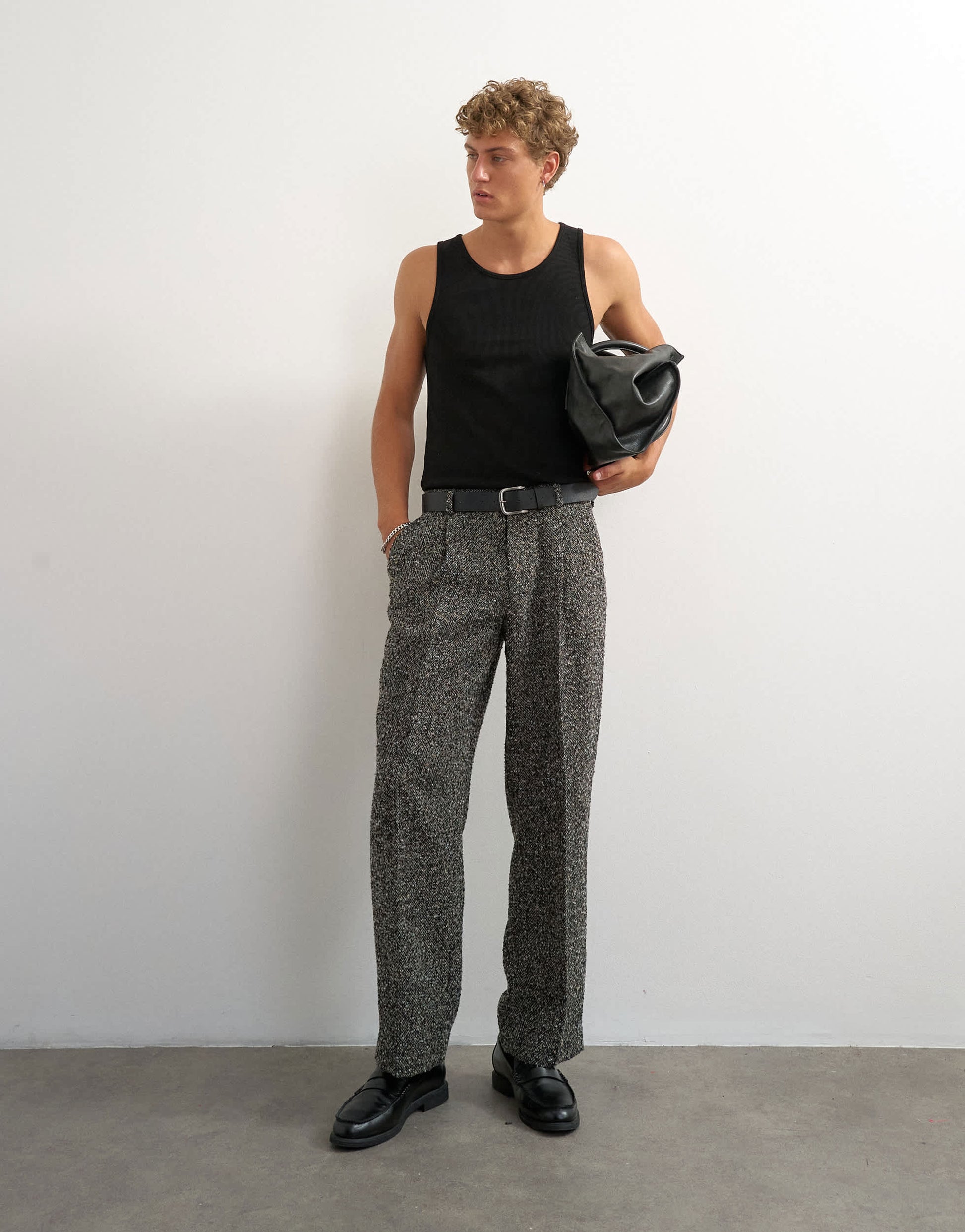 Topman wide leg textured herringbone trouser in black