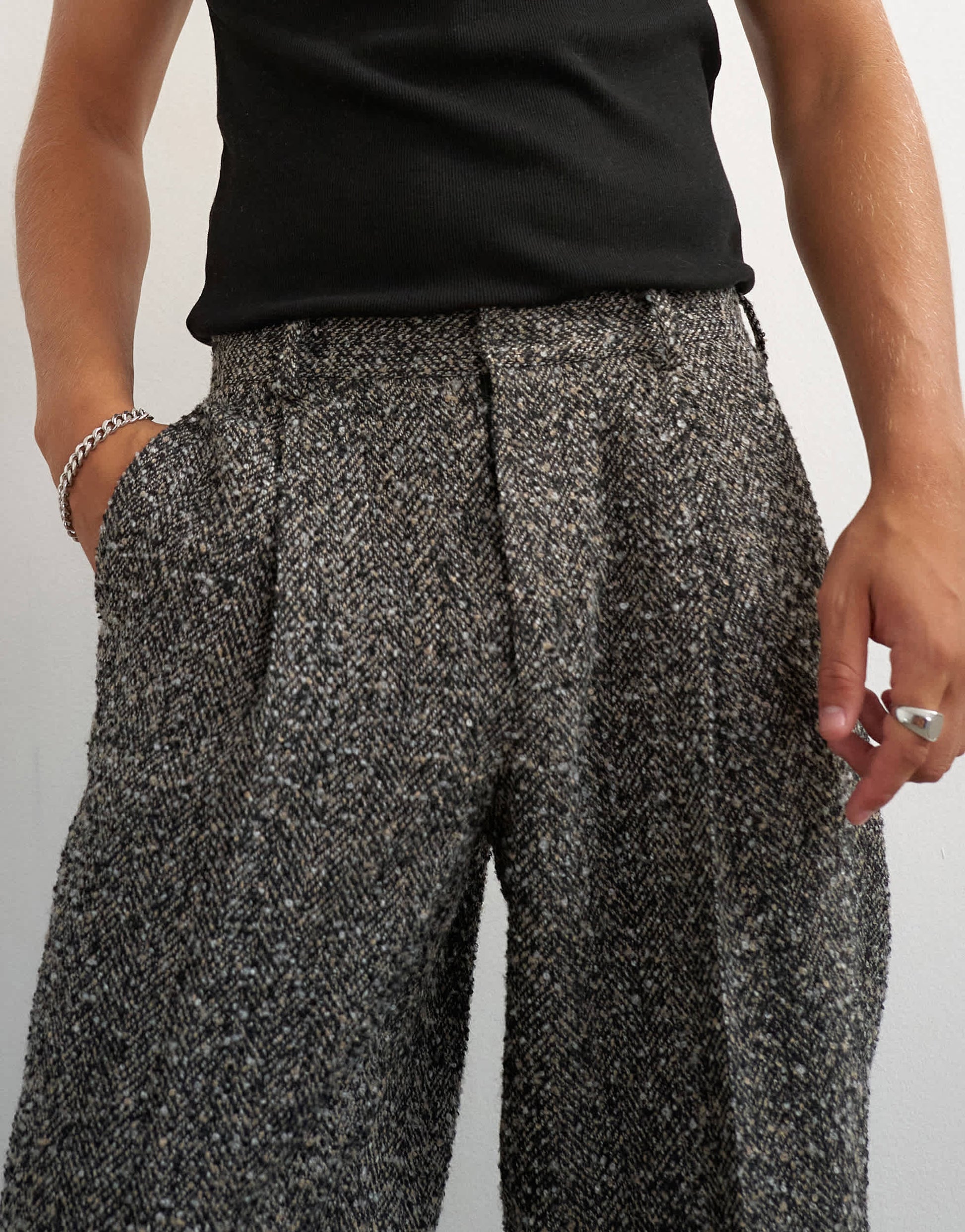 Topman wide leg textured herringbone trouser in black