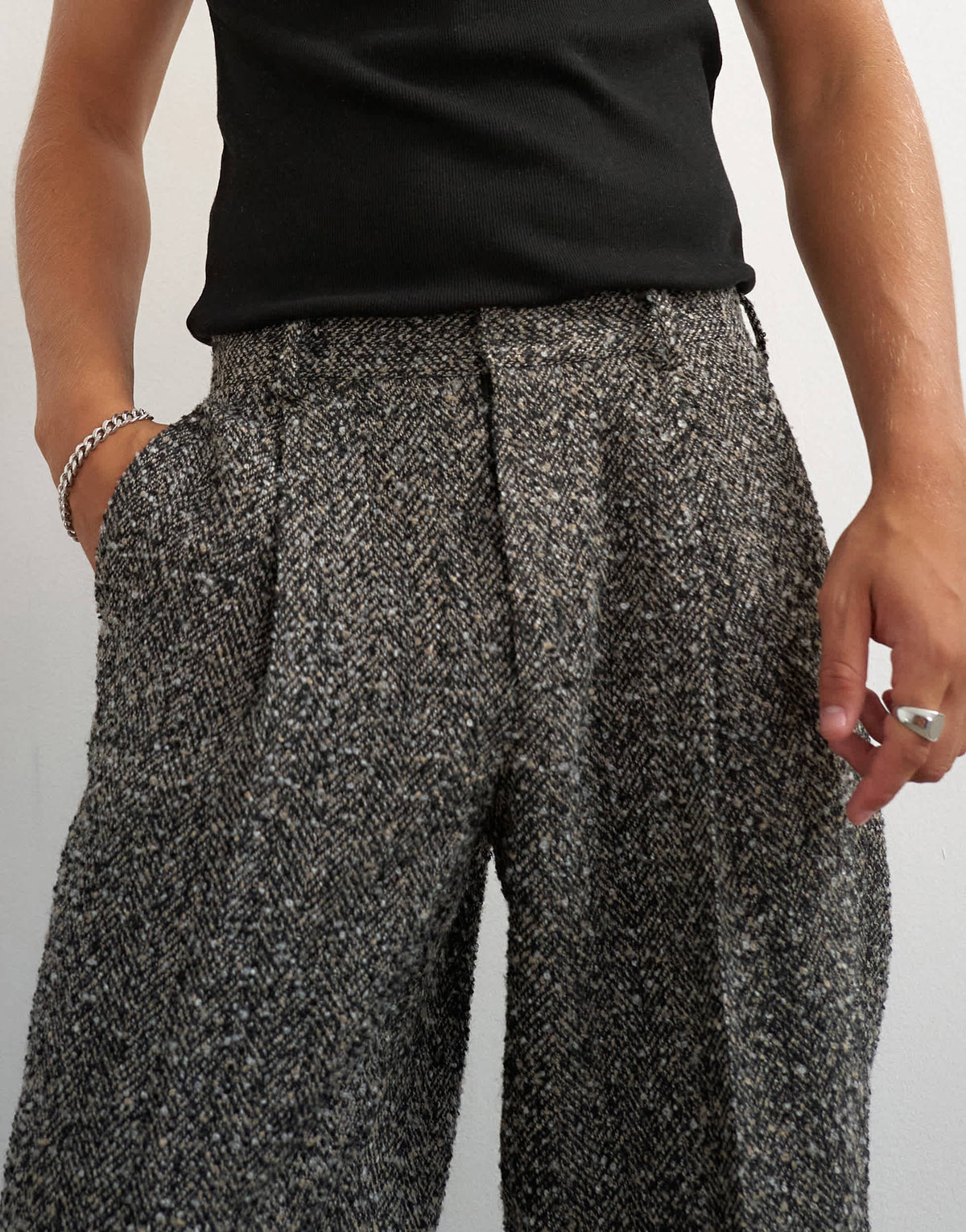 Topman wide leg textured herringbone trouser in black