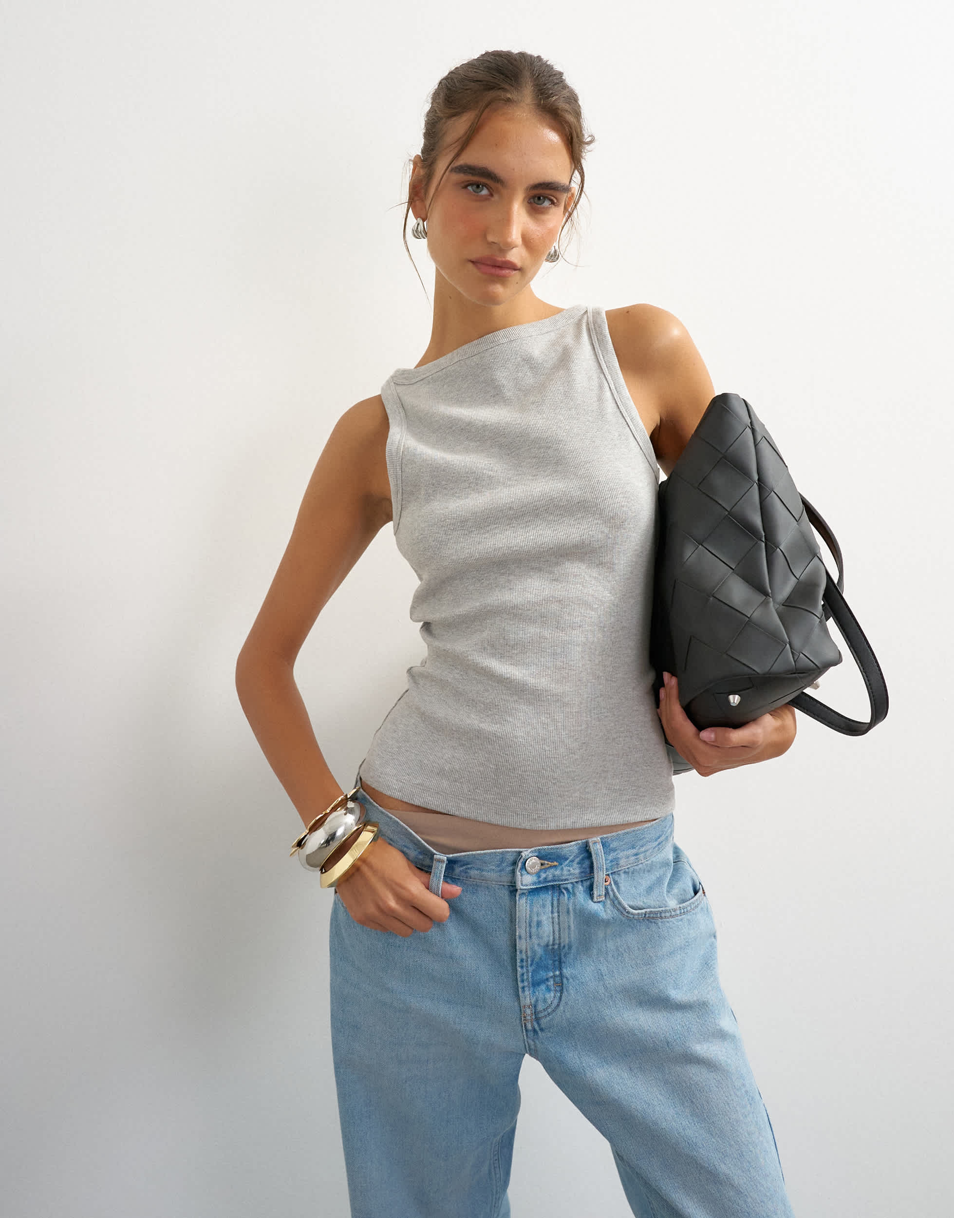 Topshop slash neck racer vest in grey marl