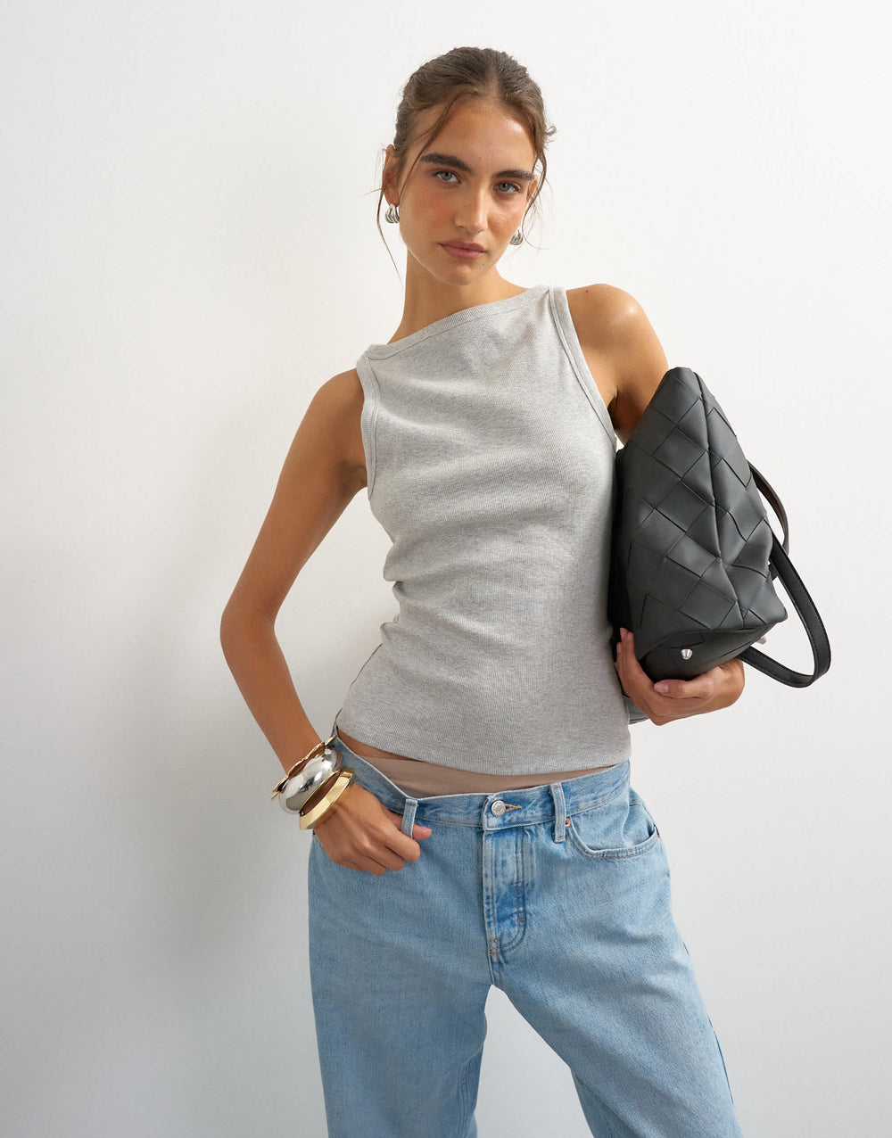 Topshop slash neck racer vest in grey marl