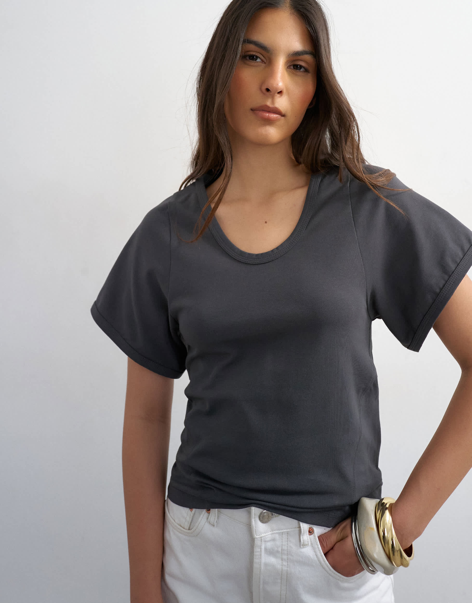 Topshop scoop neck sculpted t-shirt in slate
