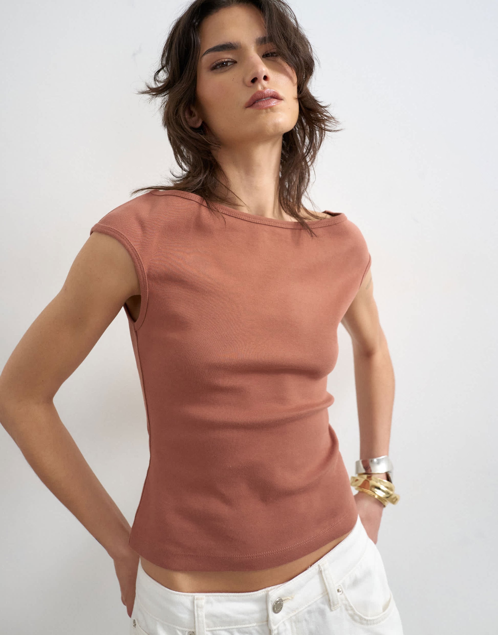 Topshop 90's boat neck vest in pecan