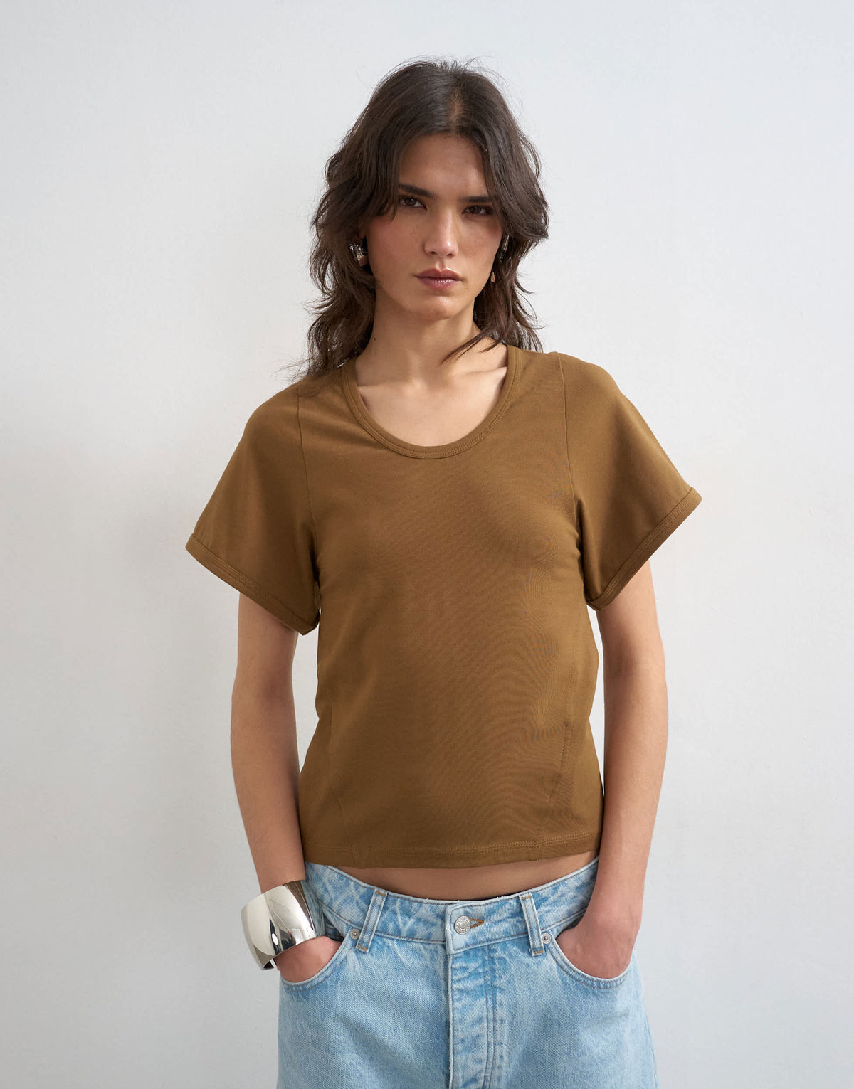 Topshop scoop neck sculpted t-shirt in dark olive