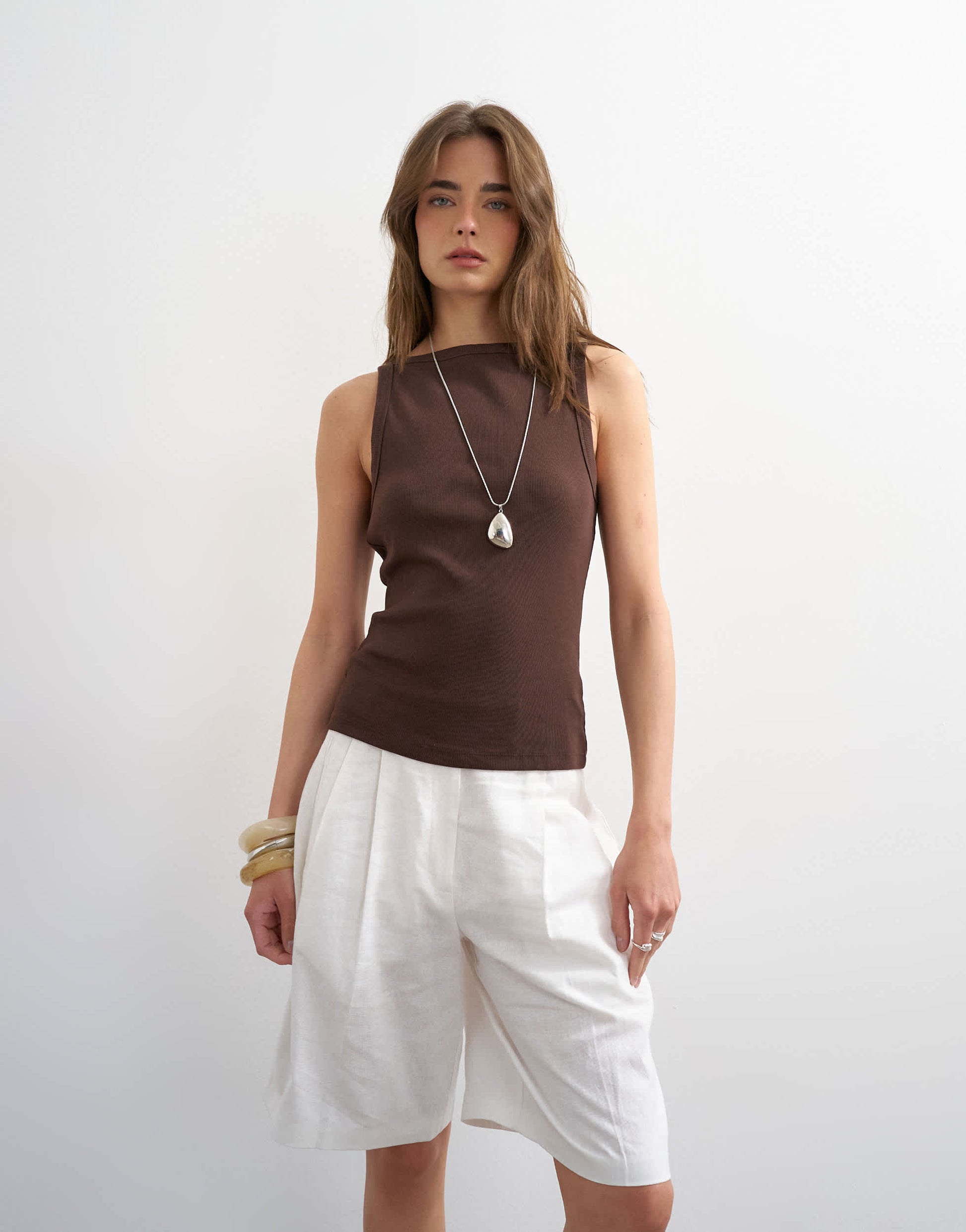 Topshop slash neck racer vest in dark chocolate