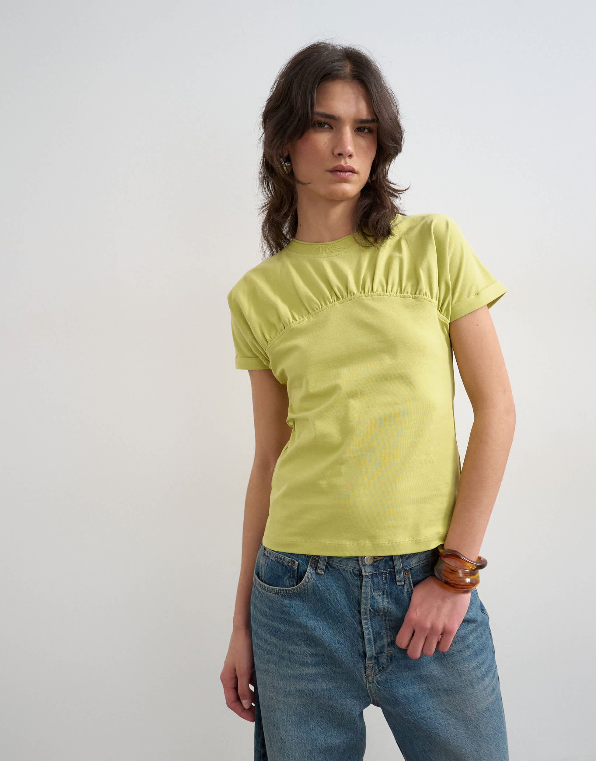 Topshop gathered yoke cap sleeve t-shirt in lime