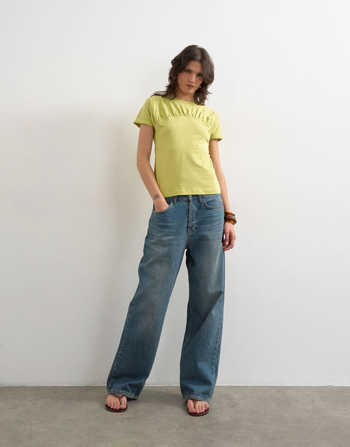 Topshop gathered yoke cap sleeve t-shirt in lime