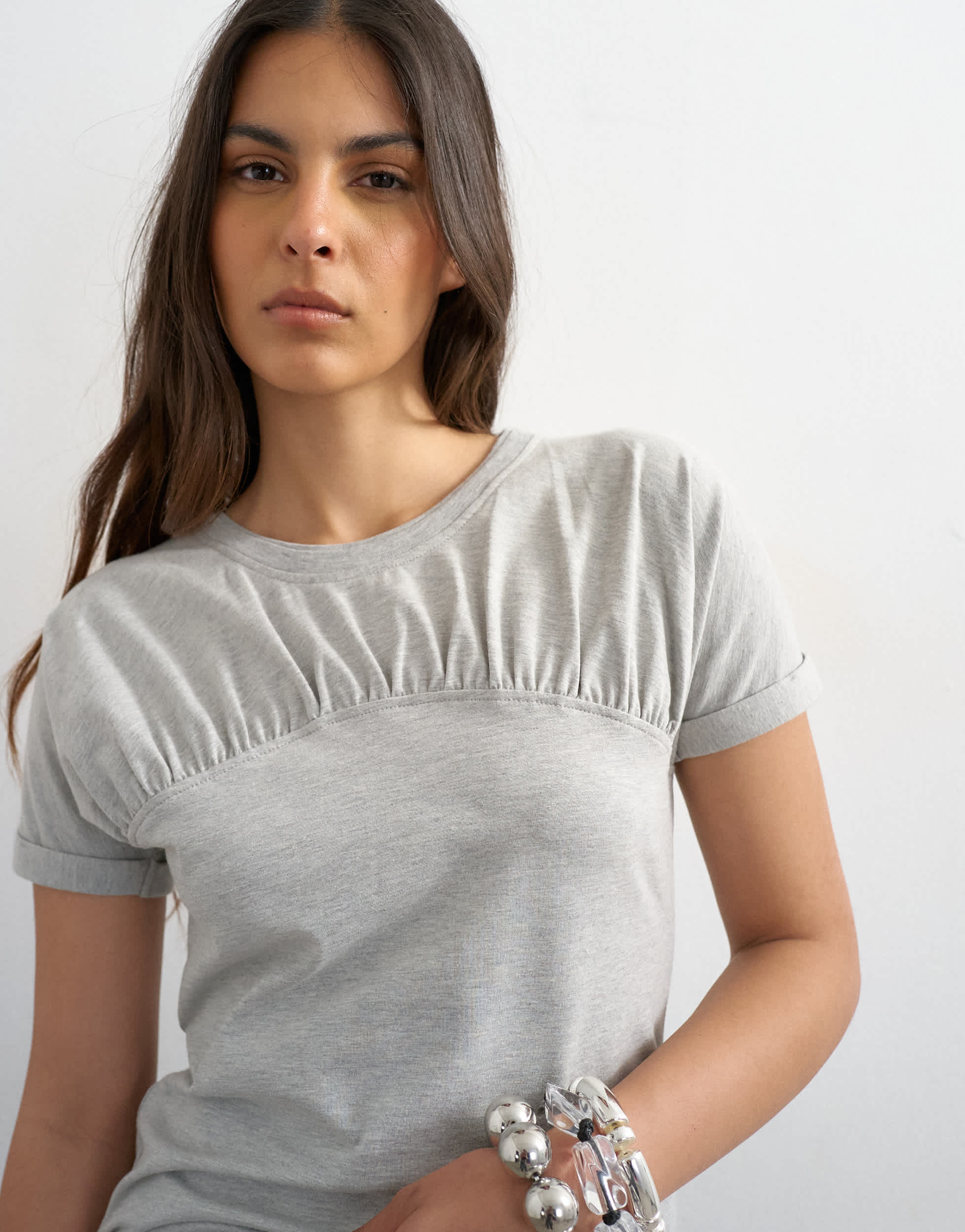 Topshop gathered yoke cap sleeve t-shirt in grey marl