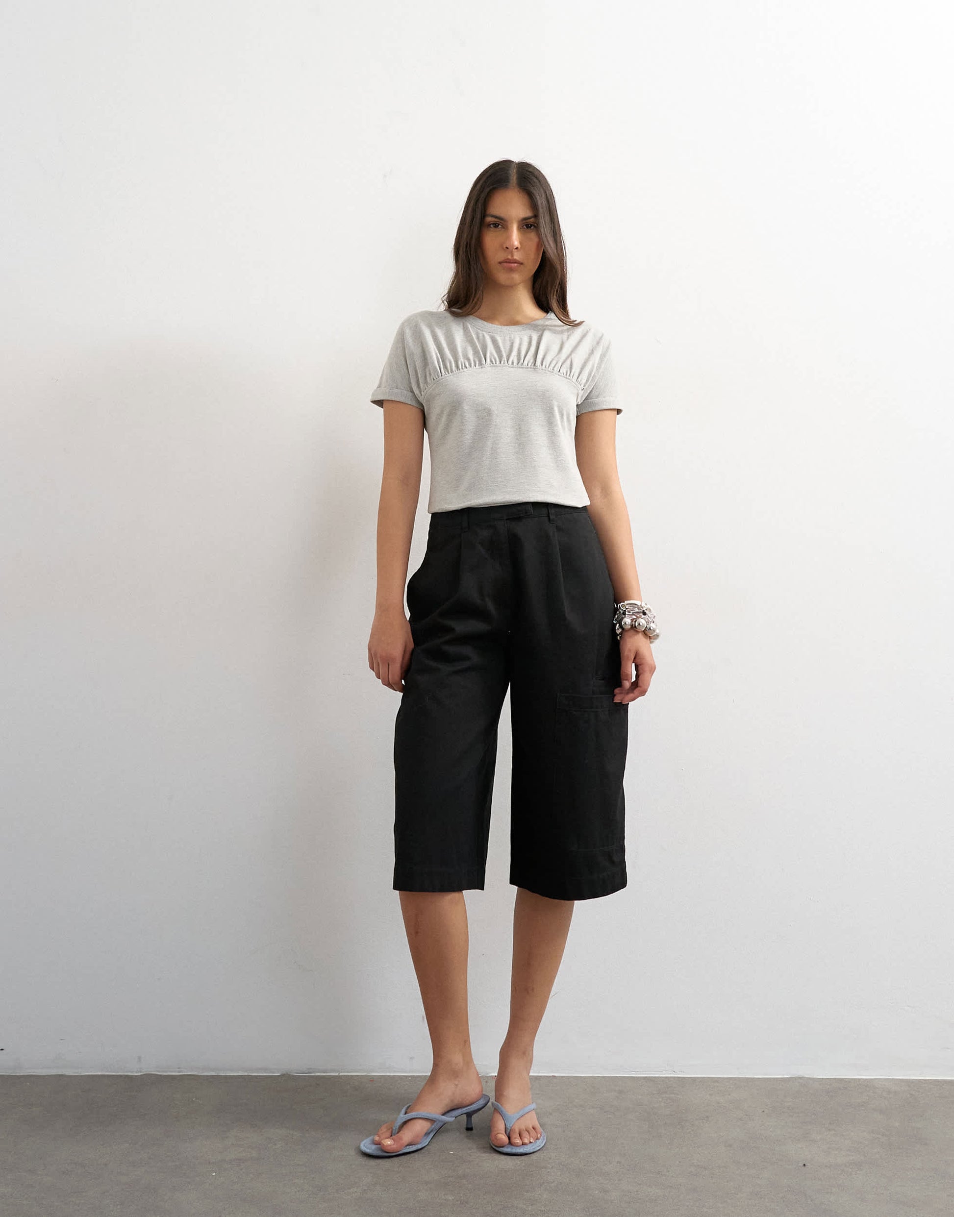 Topshop gathered yoke cap sleeve t-shirt in grey marl