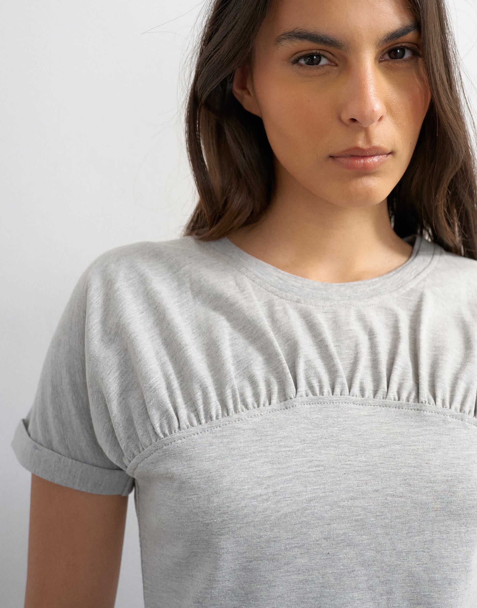 Topshop gathered yoke cap sleeve t-shirt in grey marl