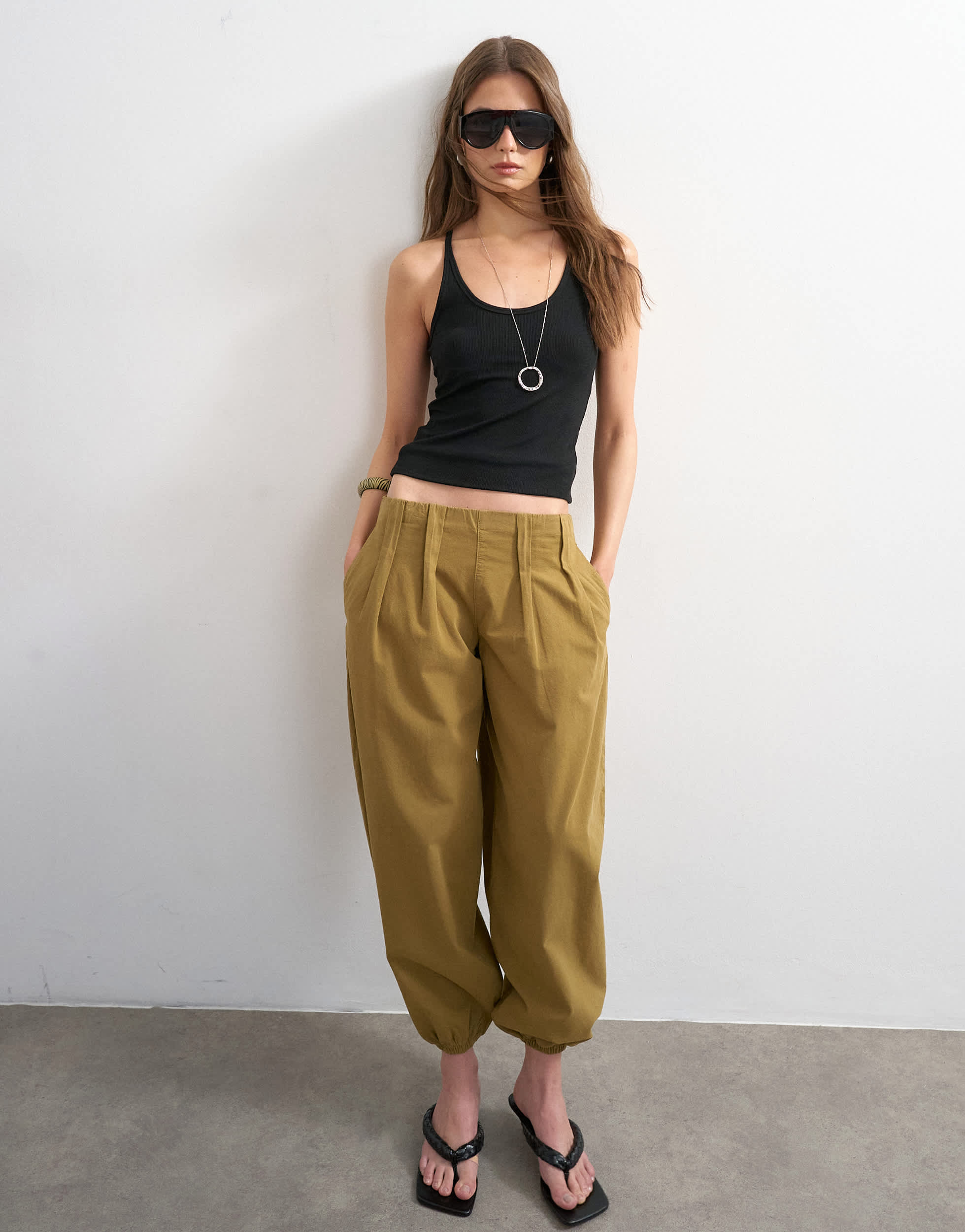 Topshop poplin balloon trouser in khaki