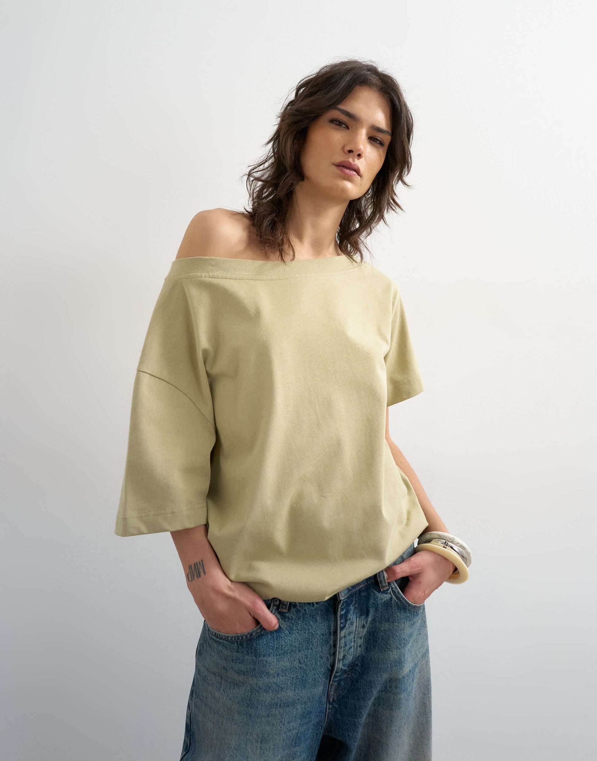 Topshop fallen shoulder t-shirt in khaki