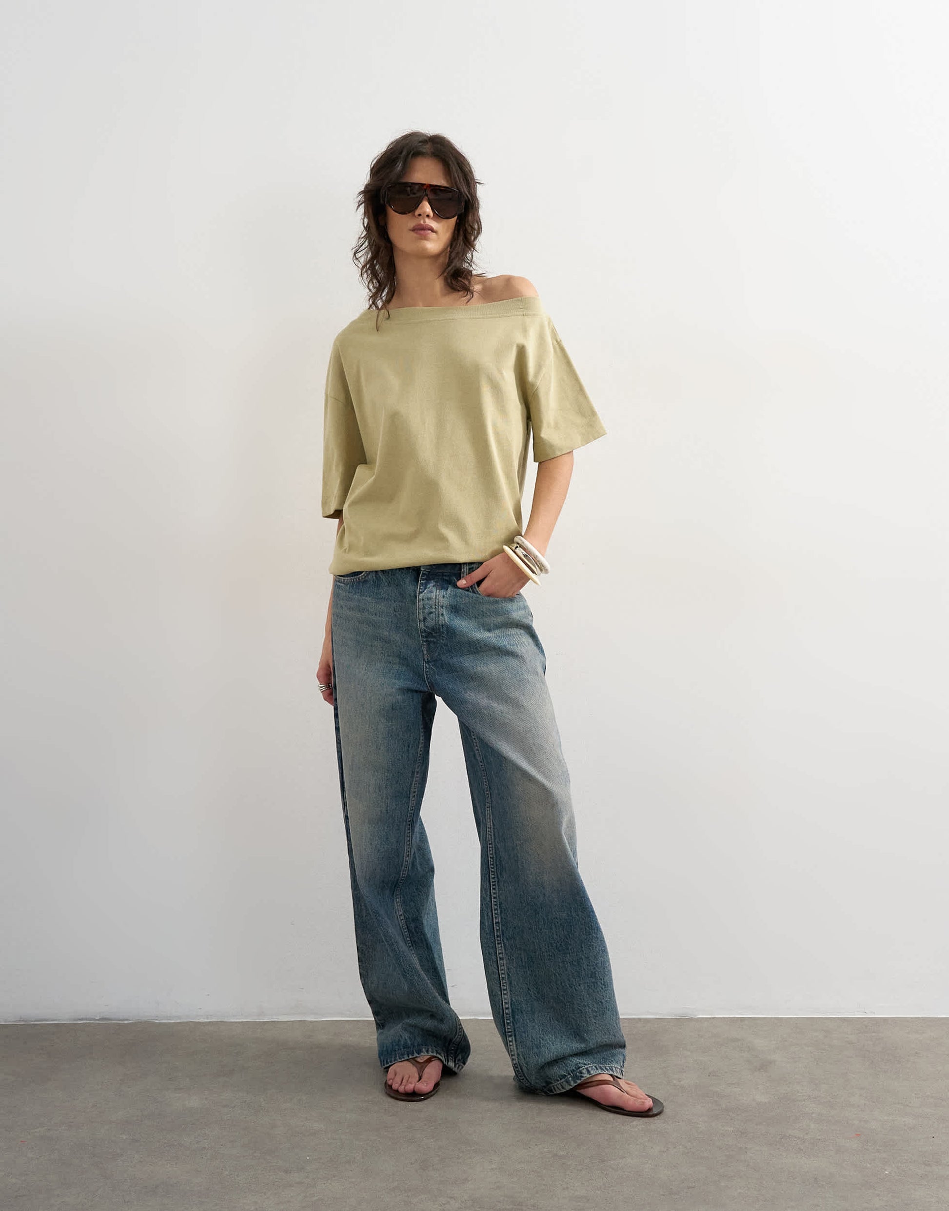 Topshop fallen shoulder t-shirt in khaki